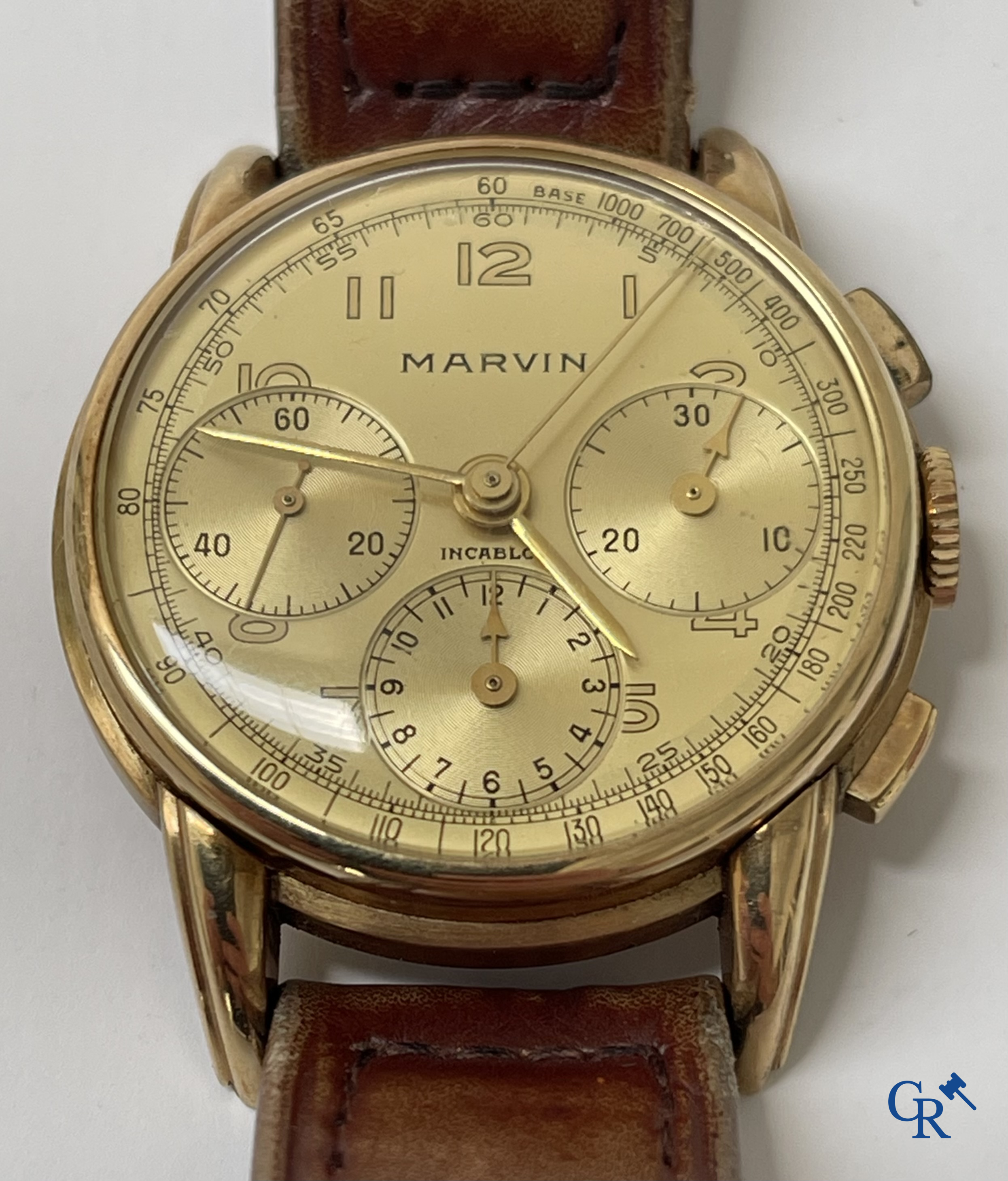 Uurwerken. Een 14-karaats gouden 585°/00 heren polsuurwerk gemerkt Marvin. Zwitsers werk circa 1940-1950.