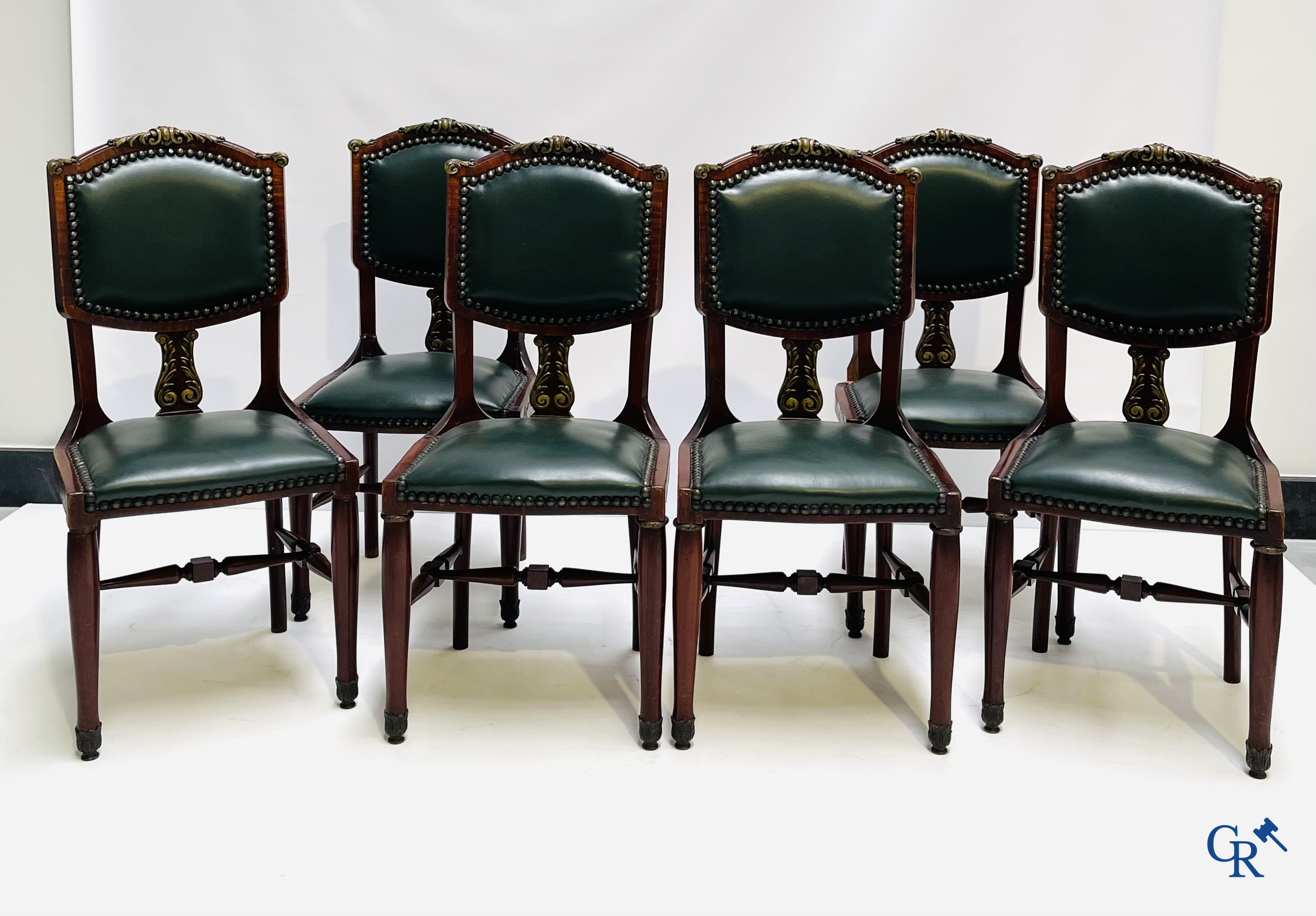 Exceptional dining room furniture in mahogany veneer, marble and bronze. Napoleon III style. Circa 1900.