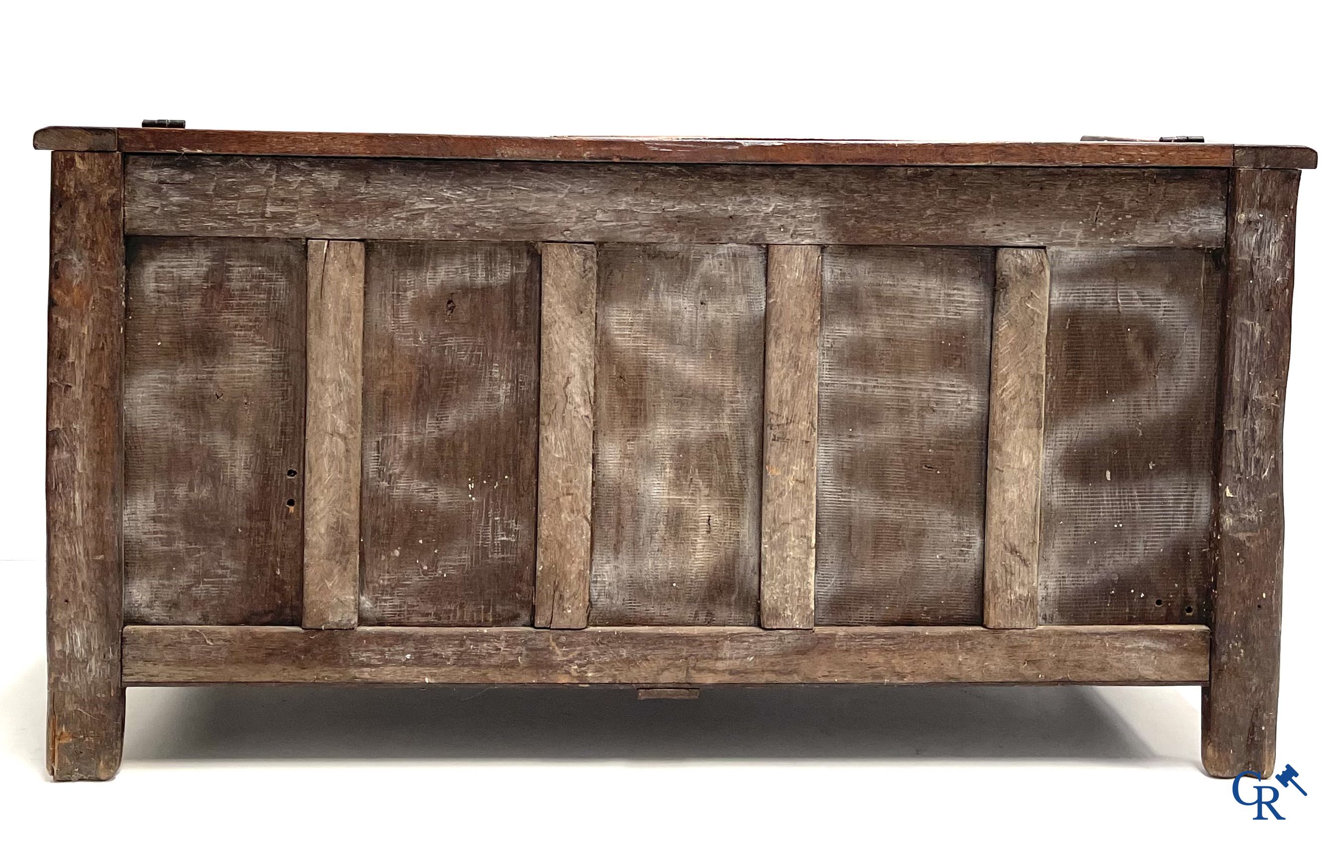 Furniture. Oak trunk with carved panels in Gothic style. Early 19th century.