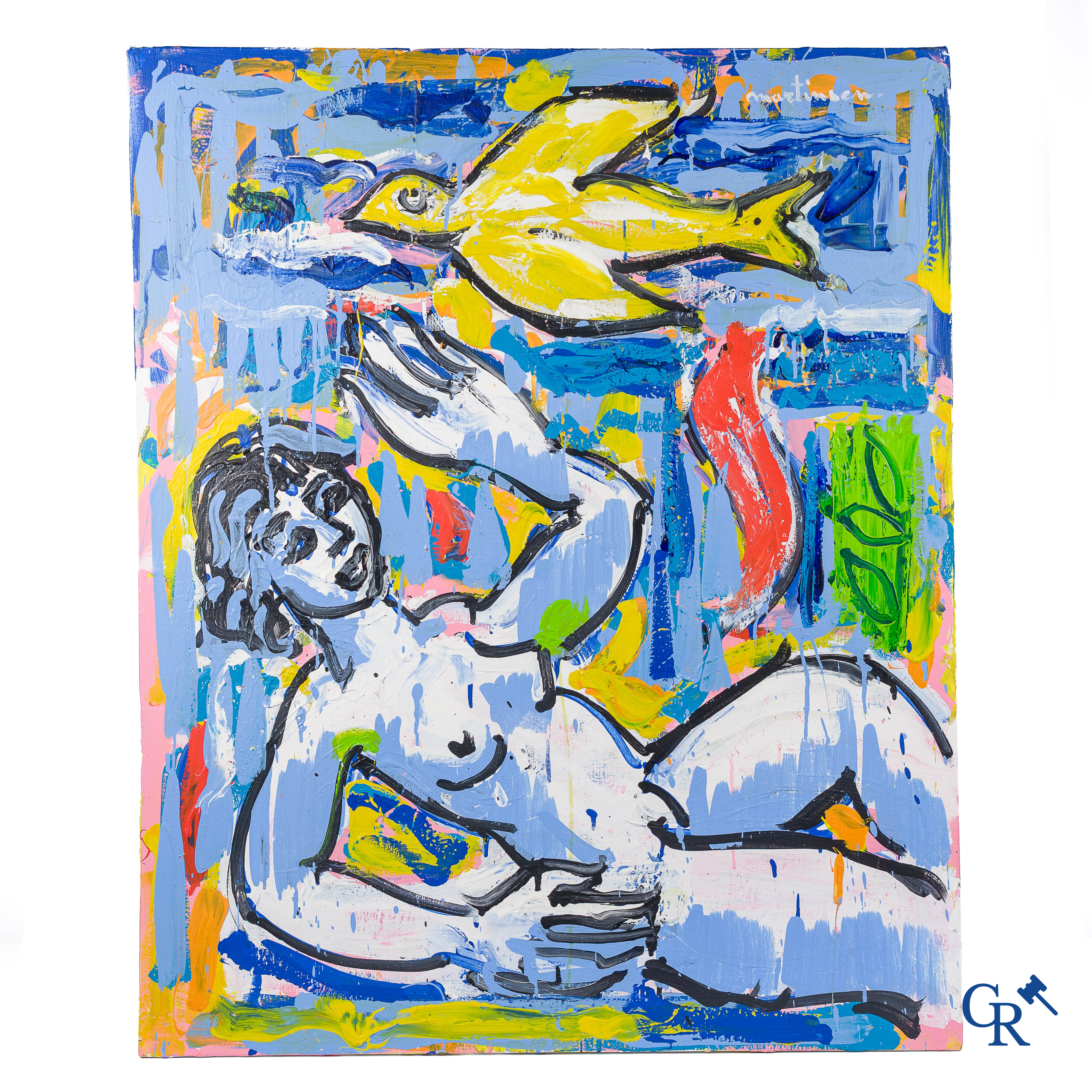 Luc Martinsen (1951) (*) Woman with bird. Acrylic paint on canvas. Signed.