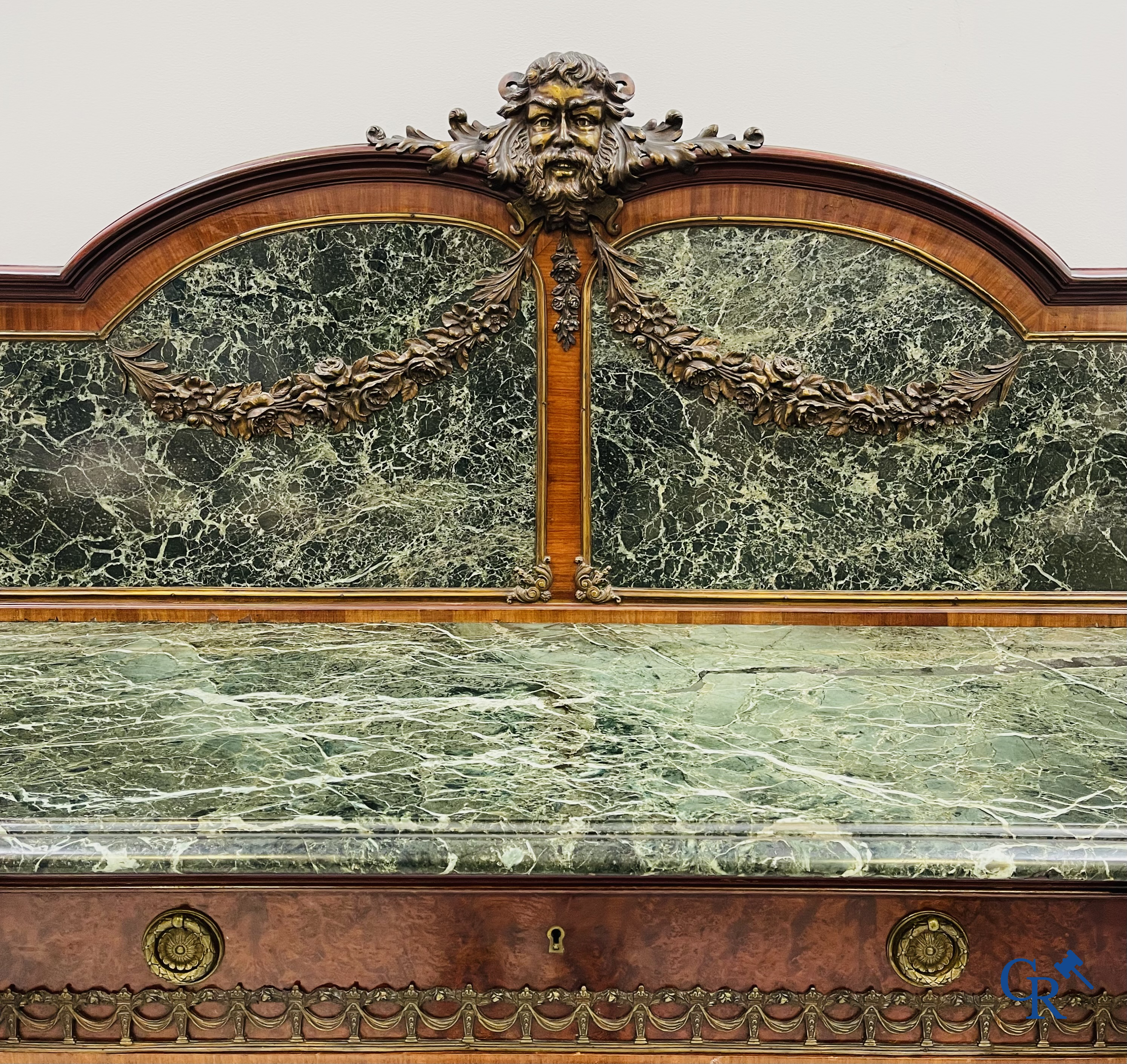 Exceptional dining room furniture in mahogany veneer, marble and bronze. Napoleon III style. Circa 1900.