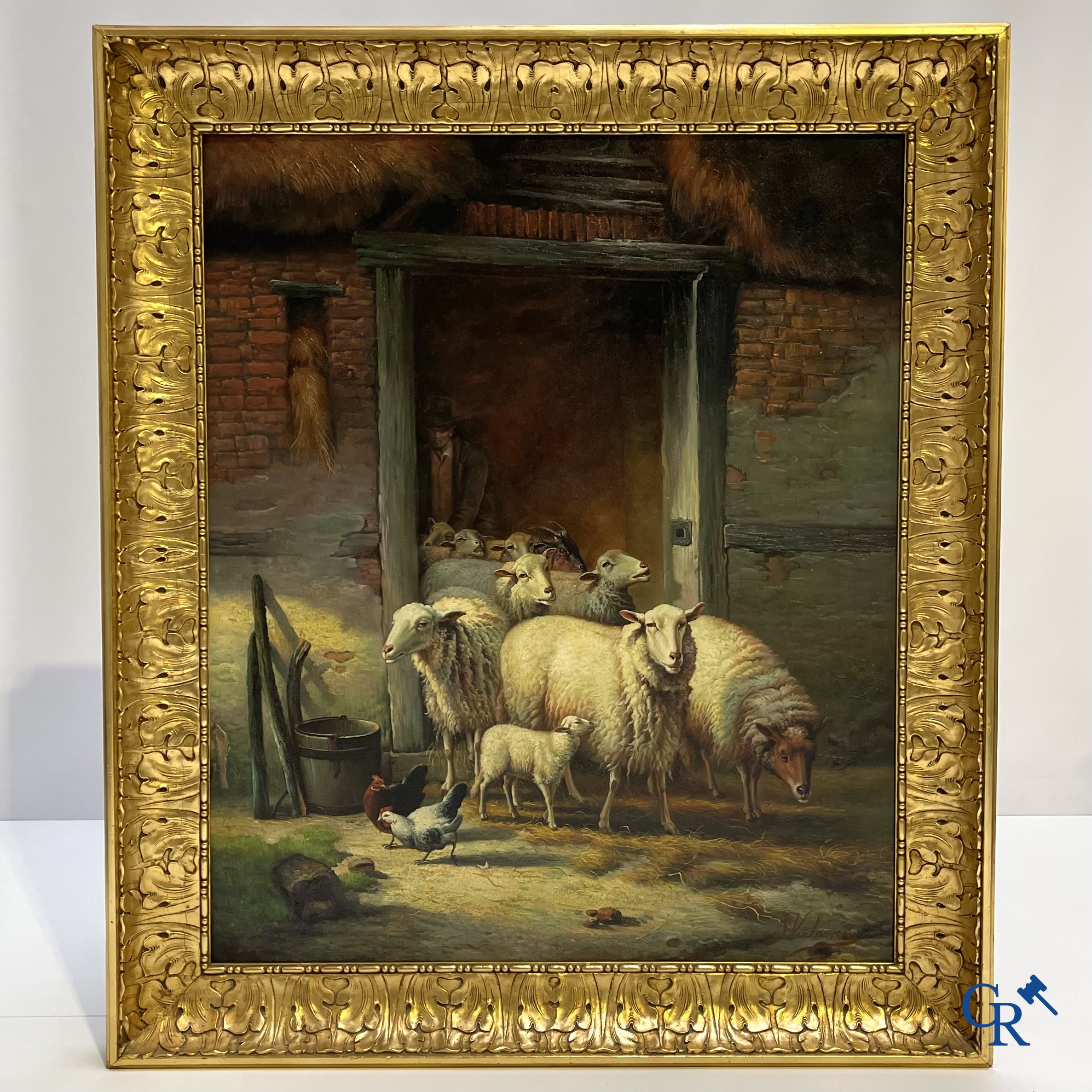 J. Verhoeven. Groot schilderij in vergulde houten lijst. Schapen bij de stal. Olie op doek. Rechtsonder gesigneerd.
