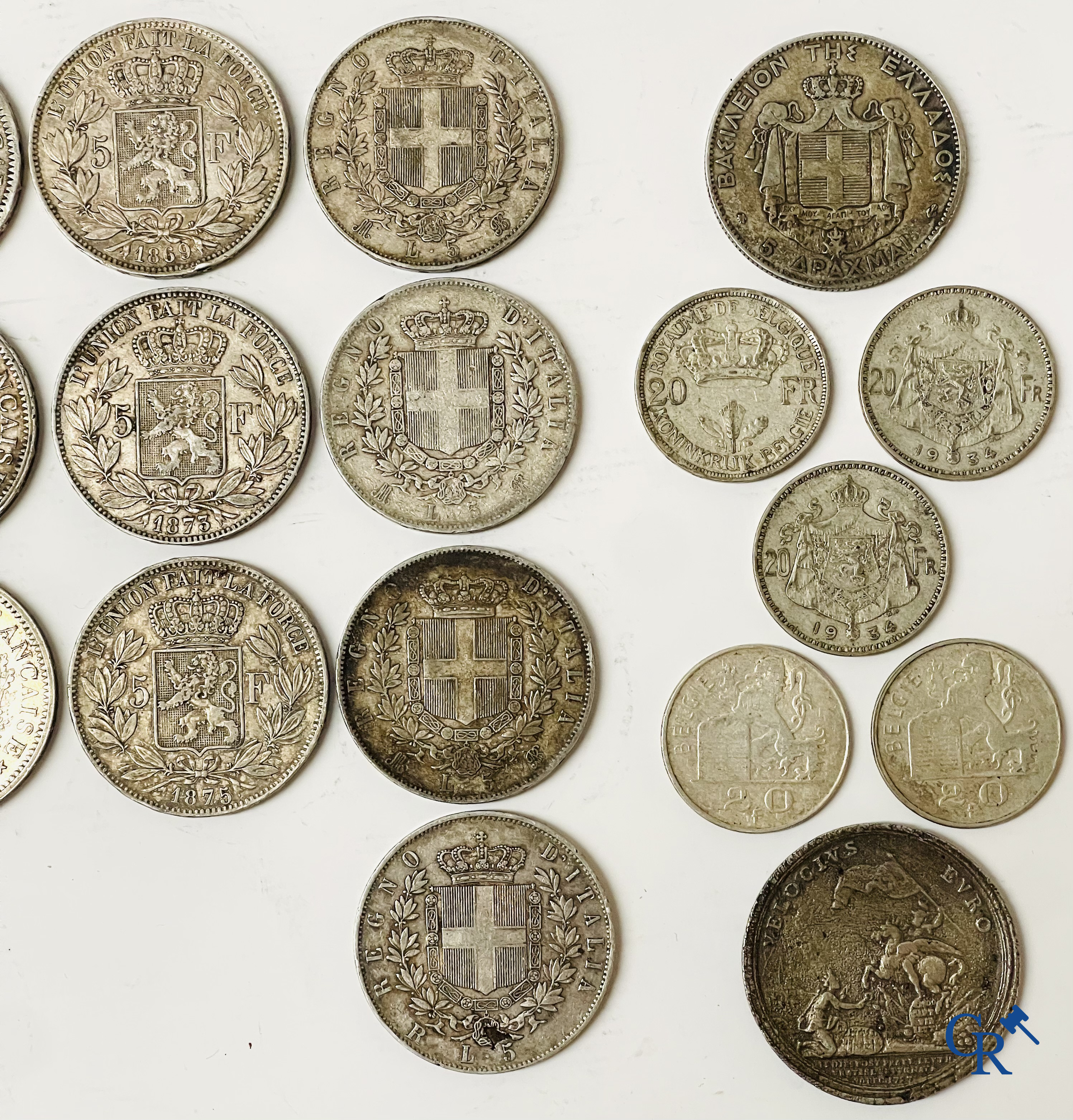 Munten. Lot munten in zilver. 5 Francs Louis Philippe I, Napoleon III, Leopold II, 5 Lire Vittorio Emanuele en diverse.