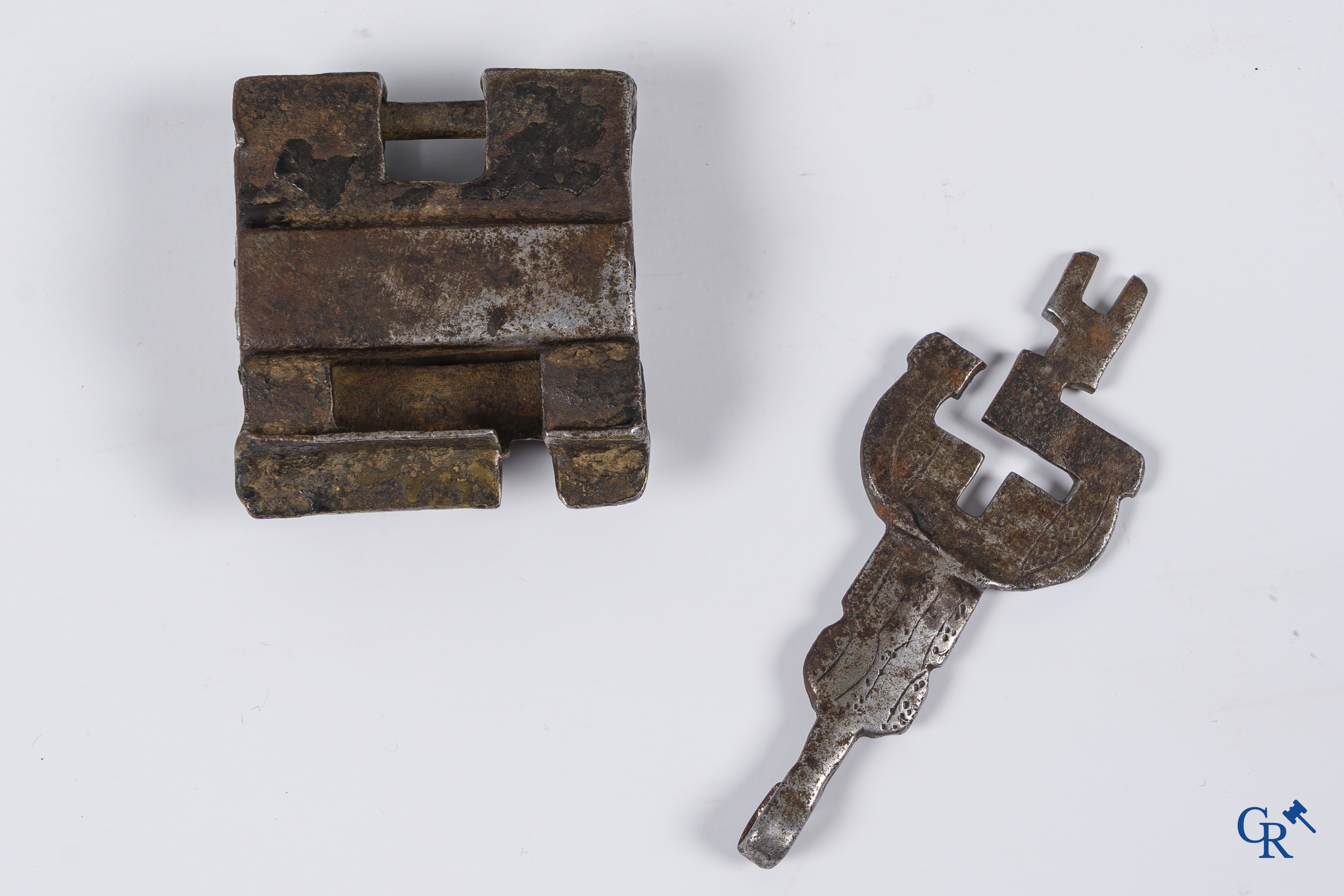 Antique leather money or documents case with original wrought iron lock work.