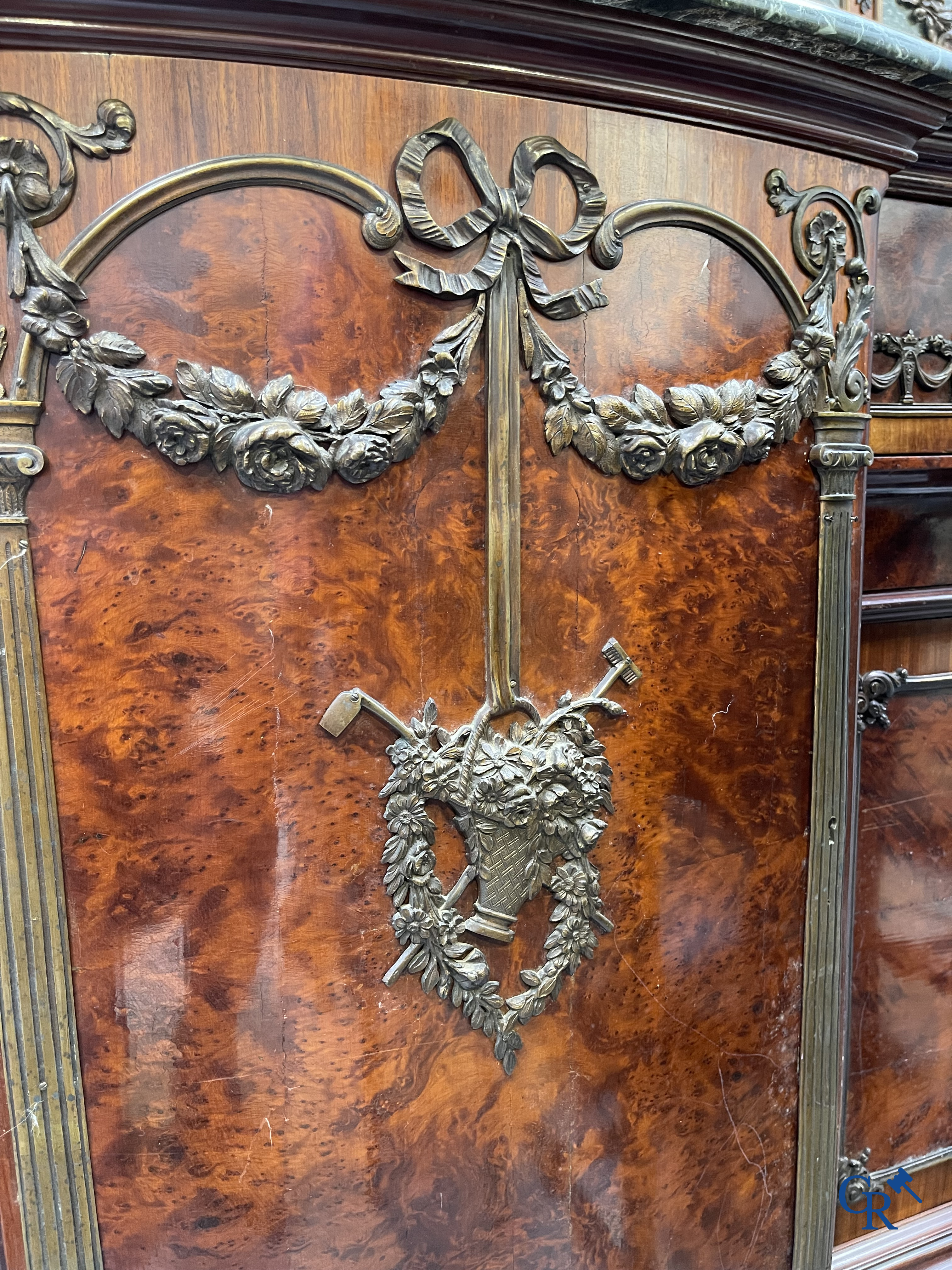 Exceptional dining room furniture in mahogany veneer, marble and bronze. Napoleon III style. Circa 1900.