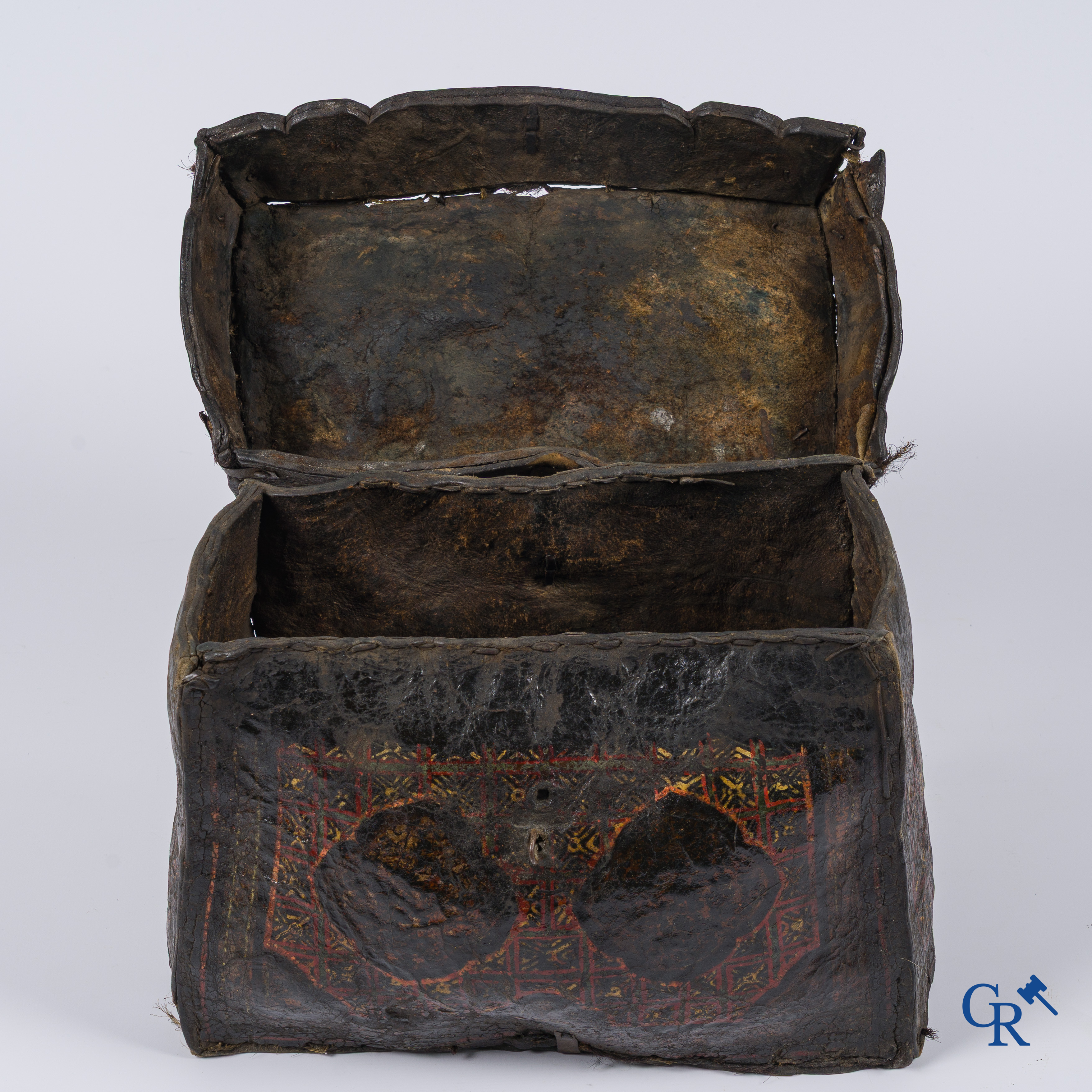 Antique leather money or documents case with original wrought iron lock work.