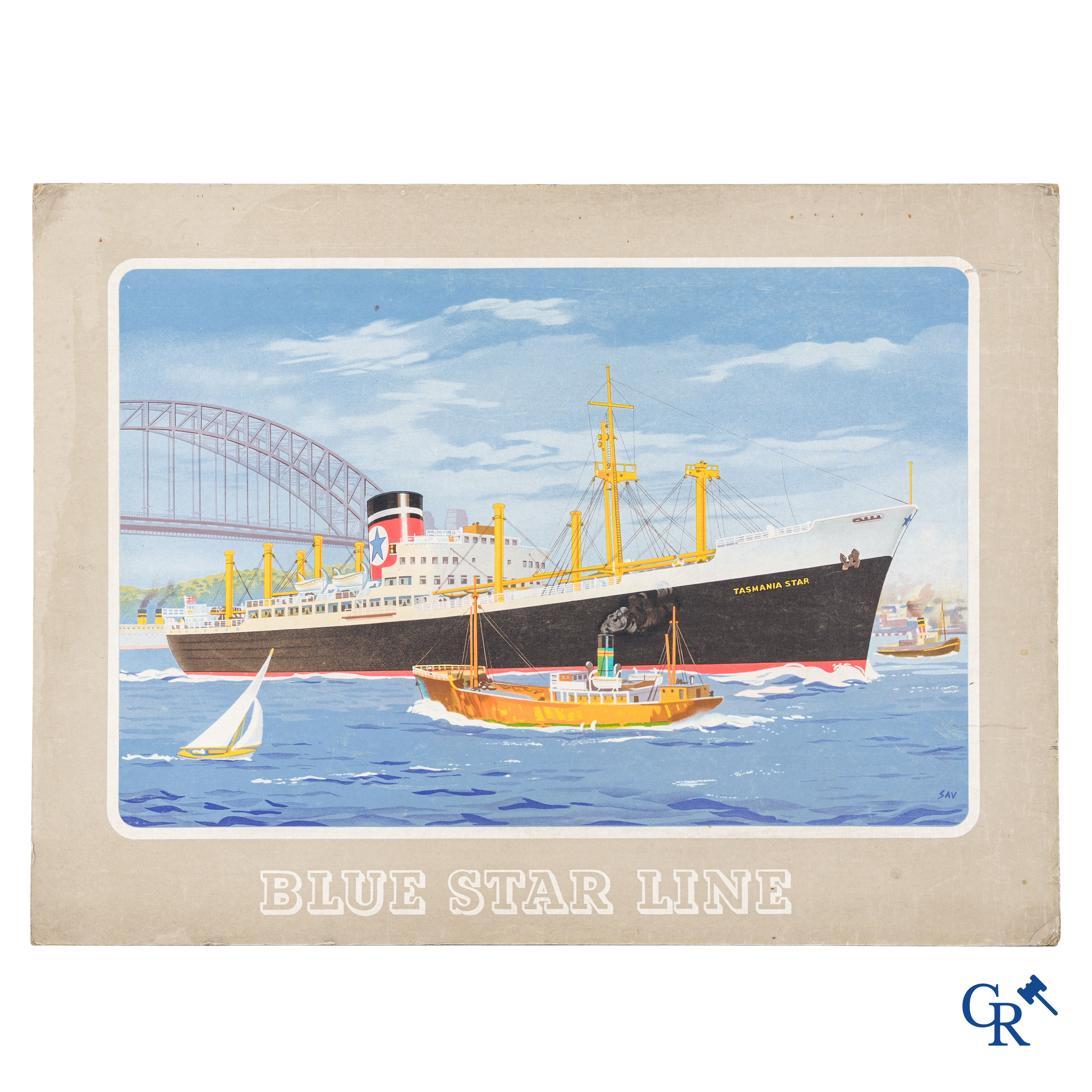 Blue Star Line, Tasmania Star. Reclame gedrukt op hard karton. Monogram SAV. 30'er jaren.