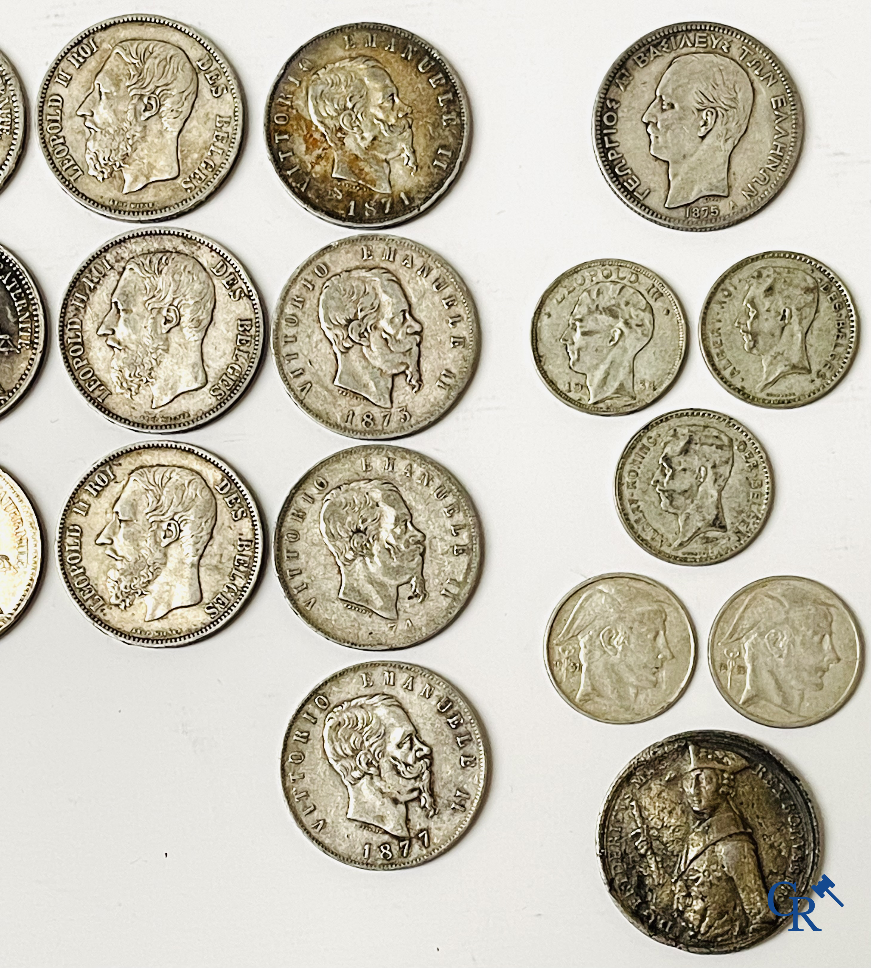 Munten. Lot munten in zilver. 5 Francs Louis Philippe I, Napoleon III, Leopold II, 5 Lire Vittorio Emanuele en diverse.
