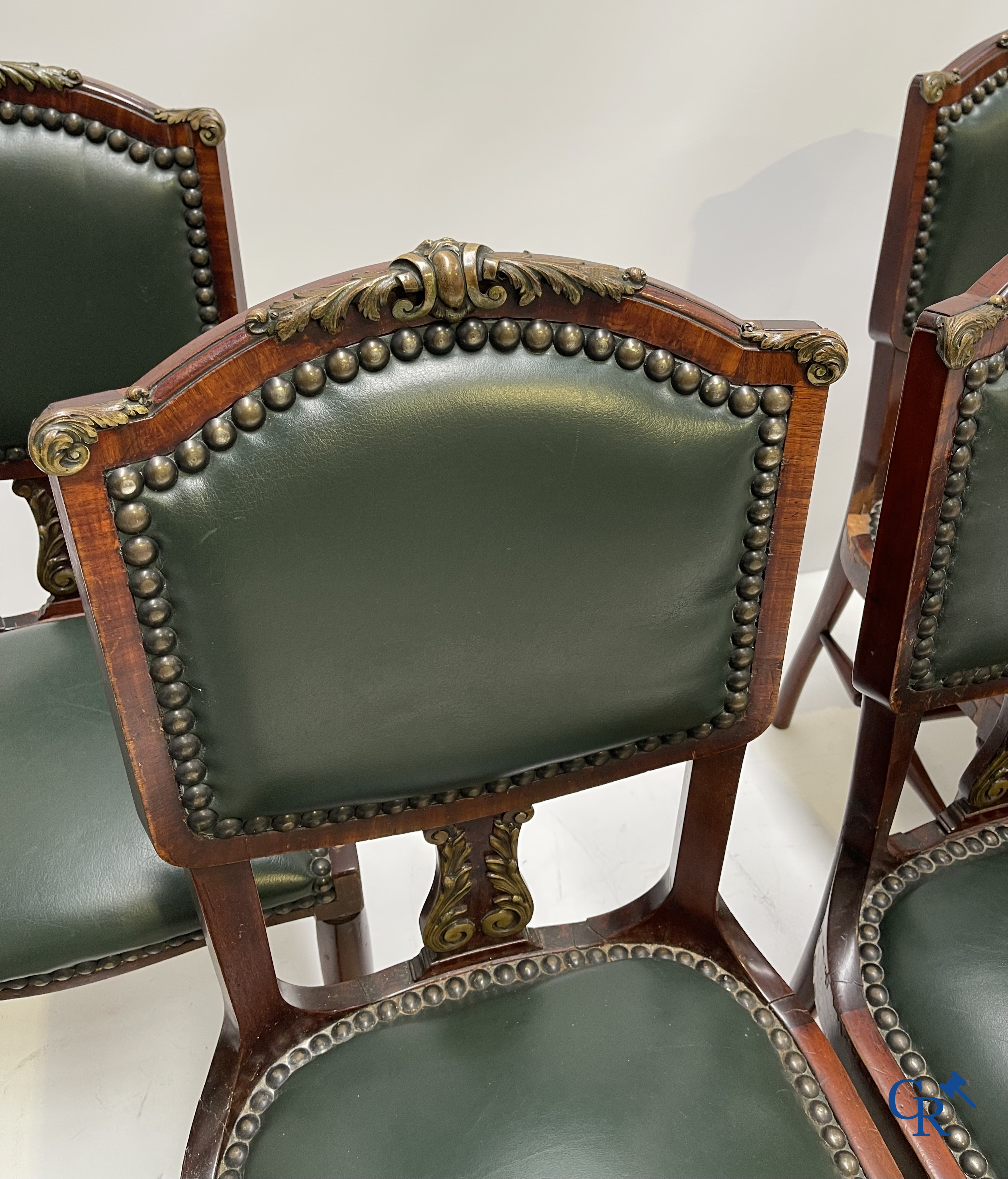 Exceptional dining room furniture in mahogany veneer, marble and bronze. Napoleon III style. Circa 1900.