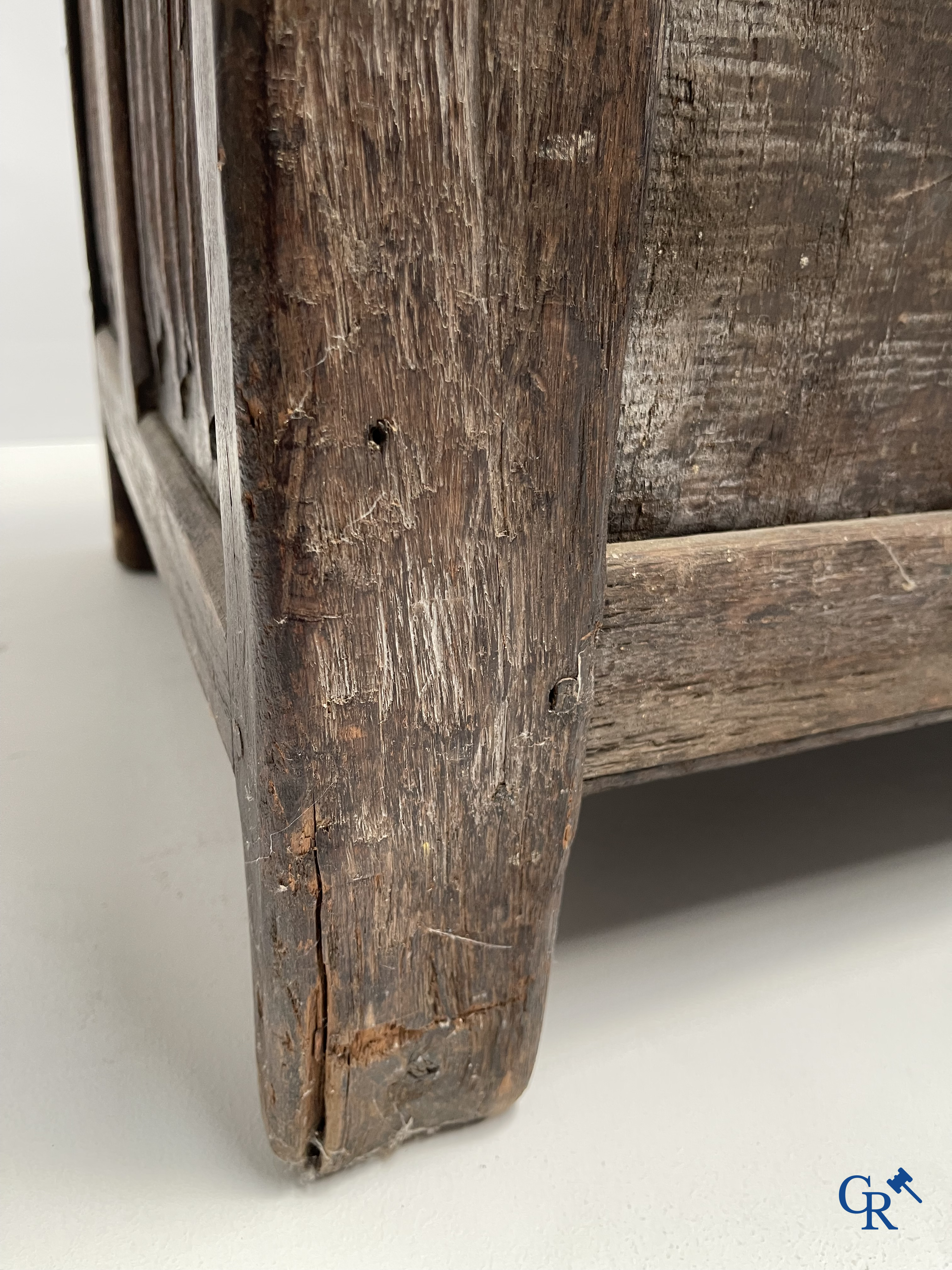 Furniture. Oak trunk with carved panels in Gothic style. Early 19th century.