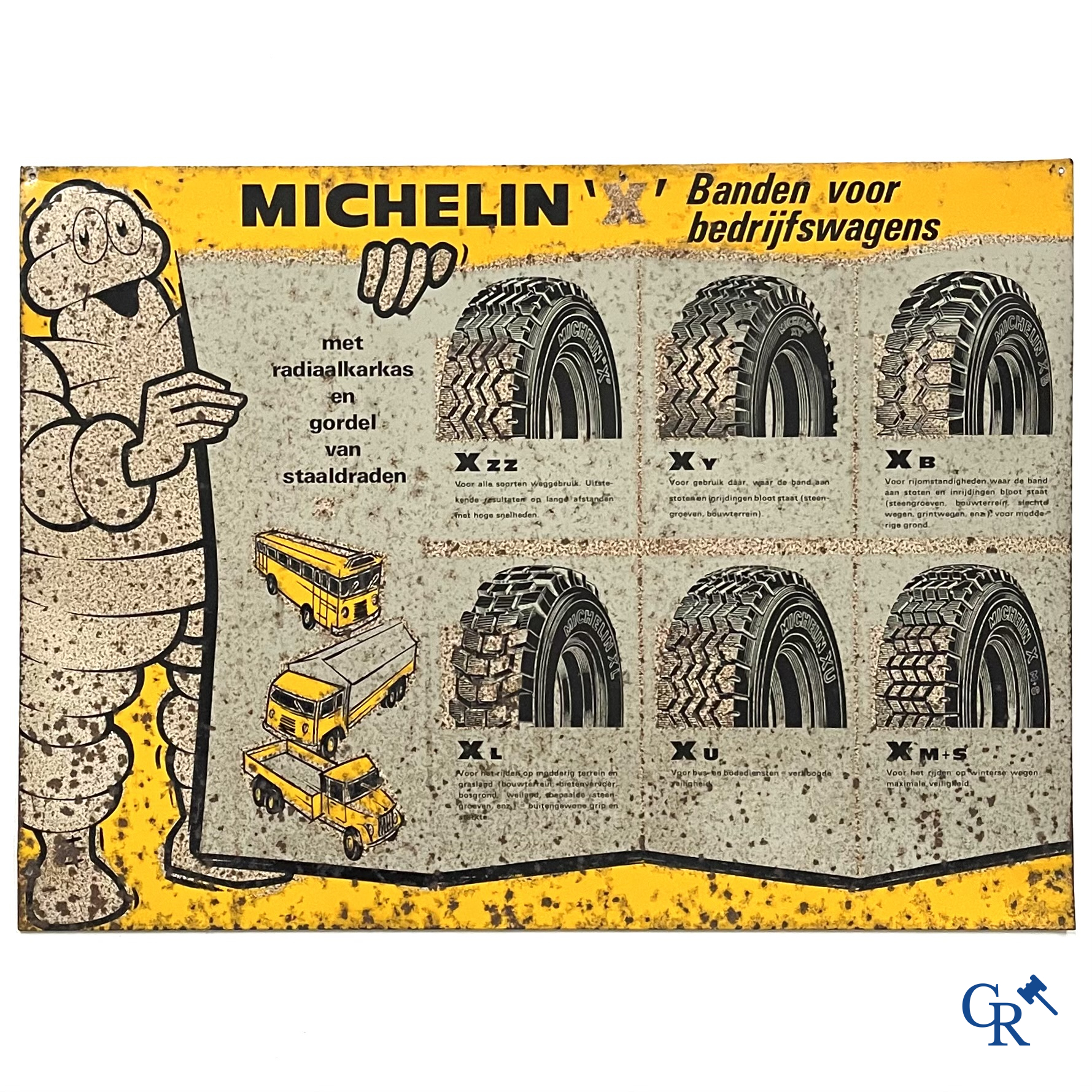 Michelin, Publiciteit op bedrukt blik voor Michelin bedrijfswagen banden. Etipan Brussel 1965.