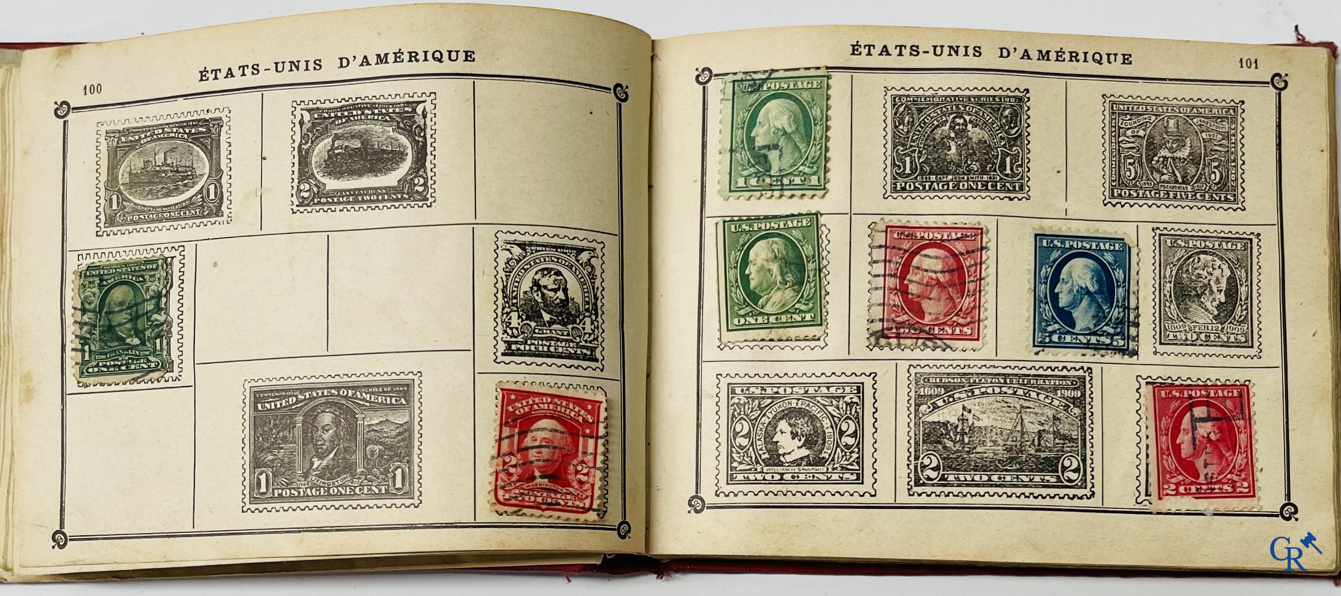Filatelie. Album met verschillende zeldzame antieke postzegels, waaronder vroege Belgische postzegels.