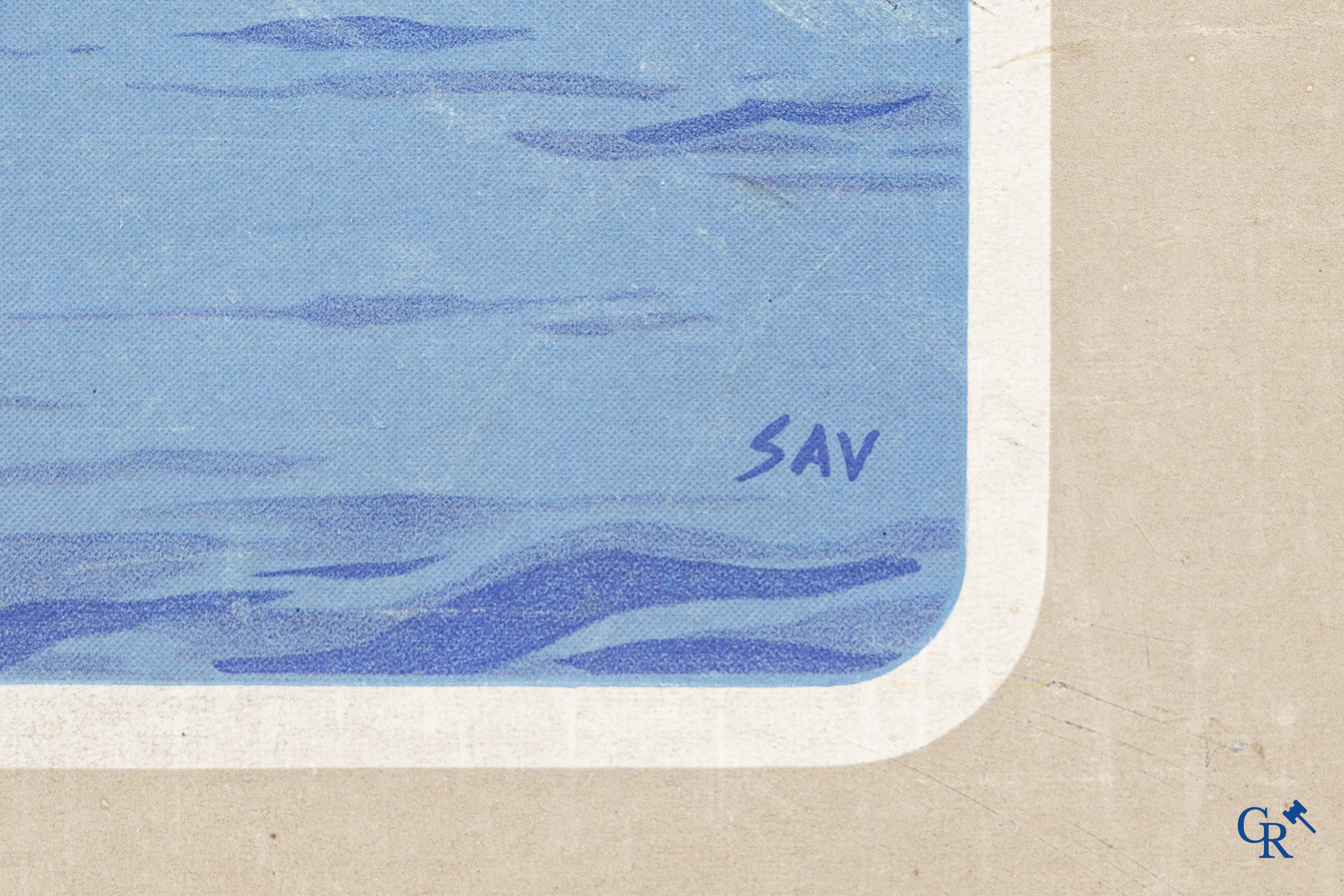 Blue Star Line, Tasmania Star. Reclame gedrukt op hard karton. Monogram SAV. 30'er jaren.