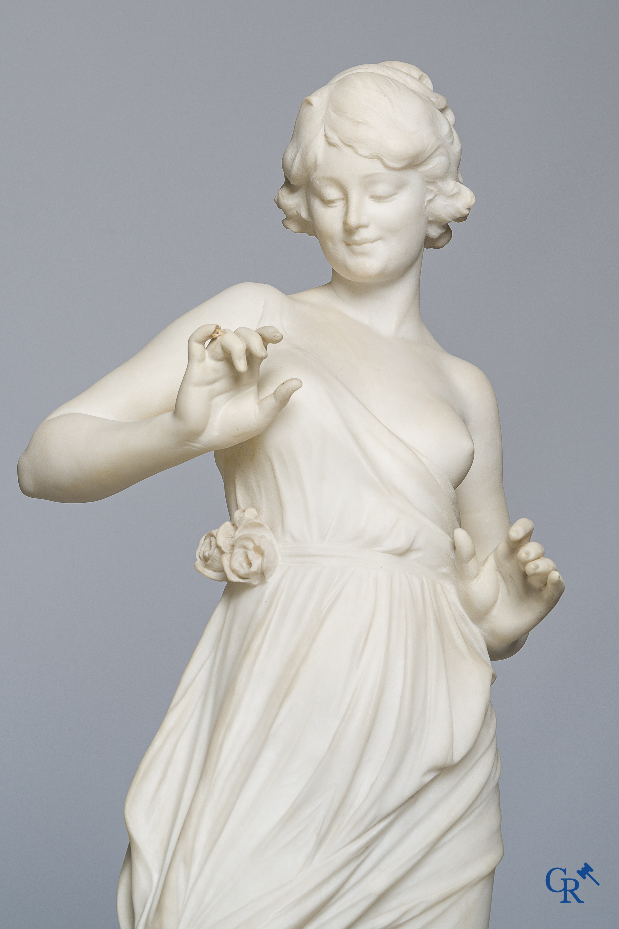 Cipriani. Romantic representation in sculpted marble. Young lady with cupid. LXVI style pedestal. Circa 1900.