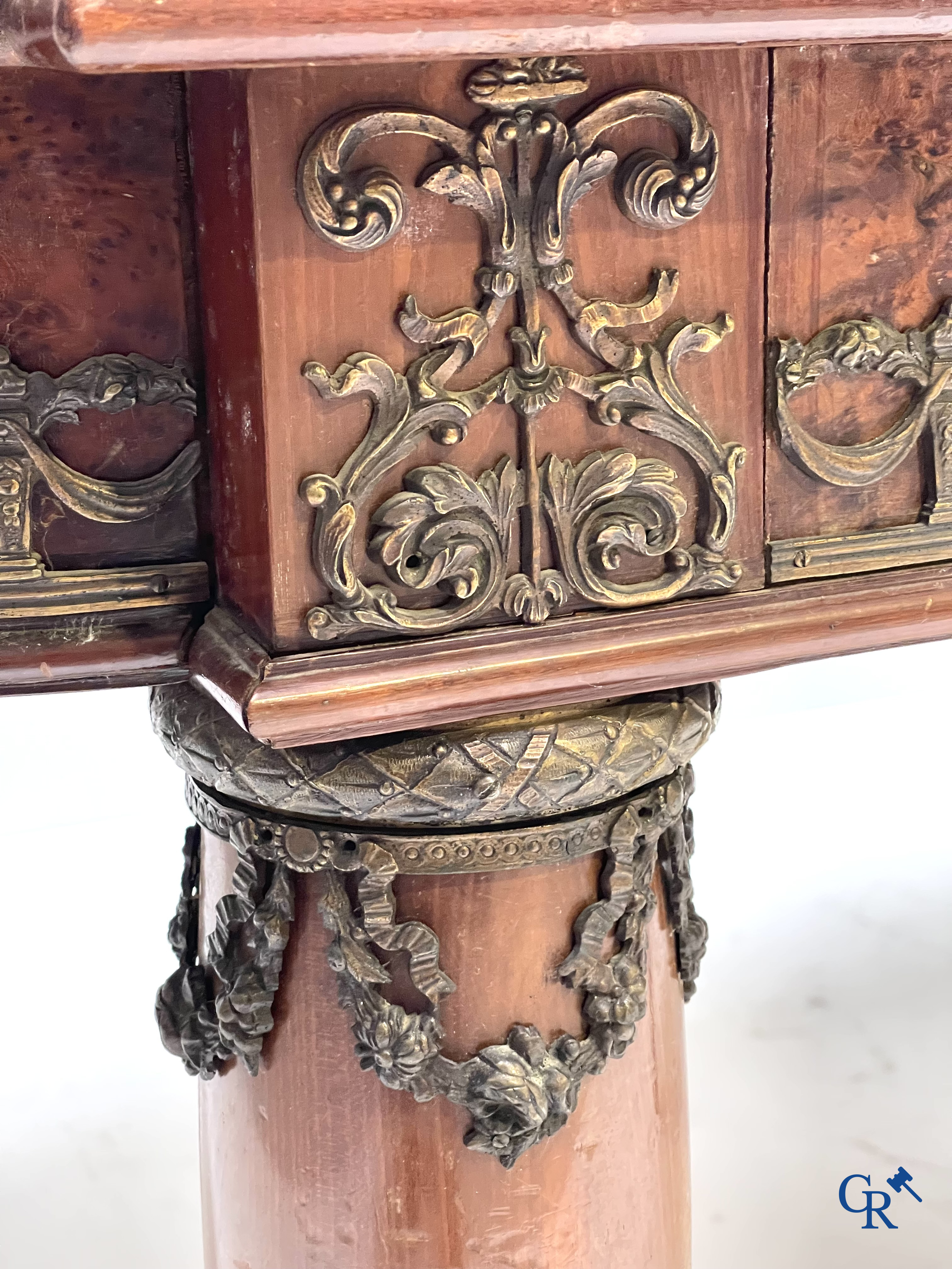 Exceptional dining room furniture in mahogany veneer, marble and bronze. Napoleon III style. Circa 1900.