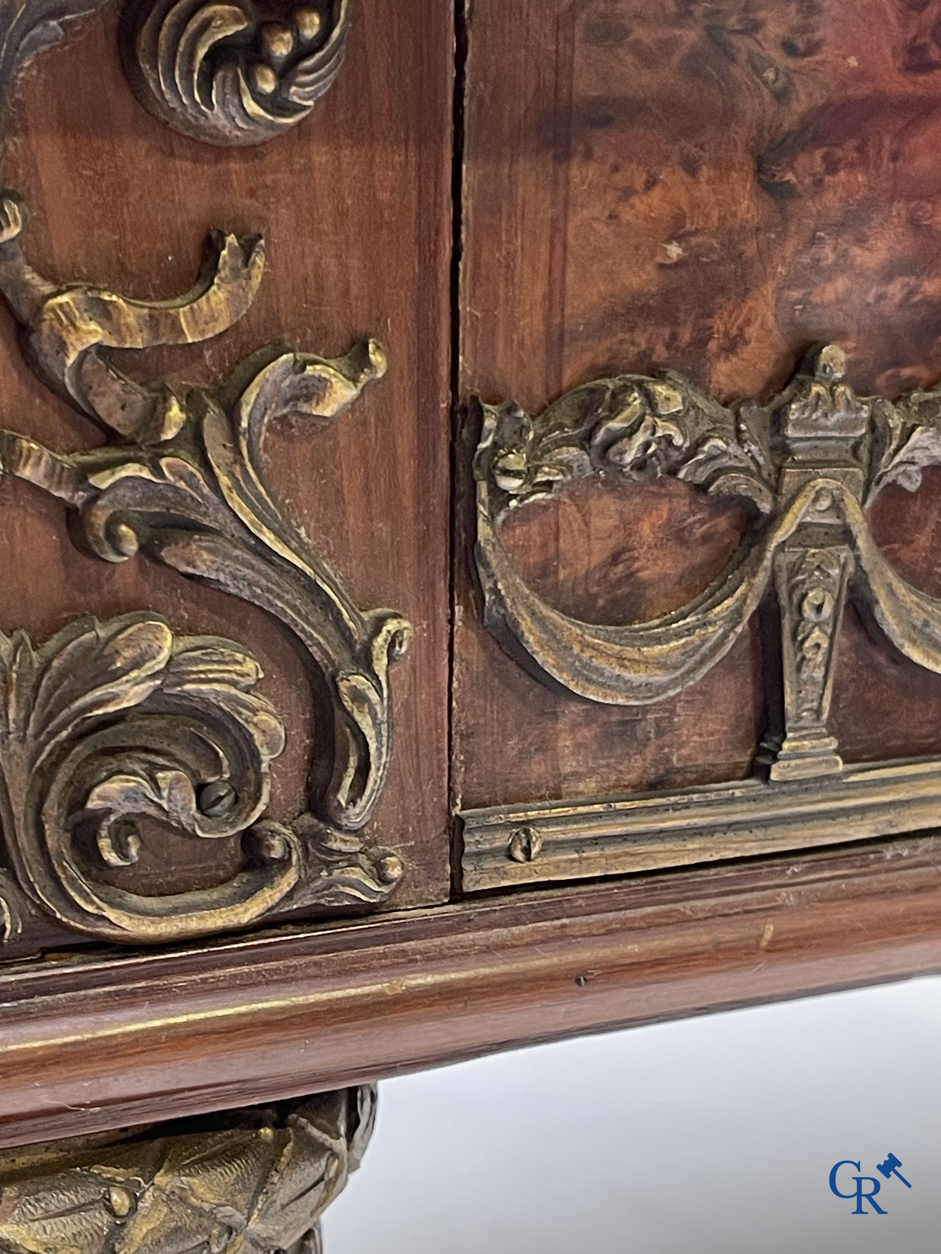Exceptional dining room furniture in mahogany veneer, marble and bronze. Napoleon III style. Circa 1900.