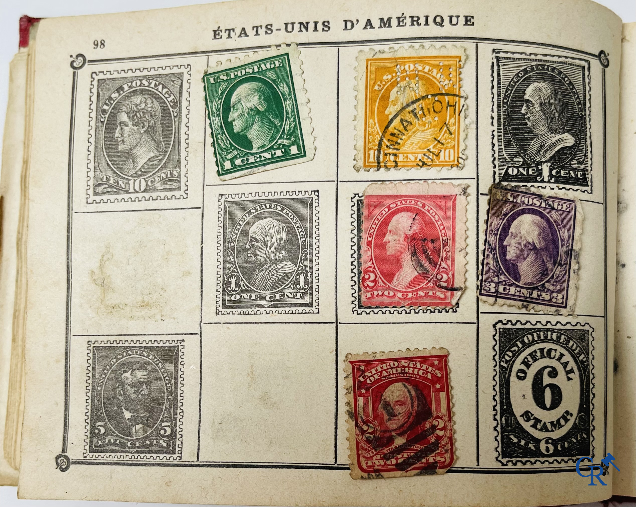 Filatelie. Album met verschillende zeldzame antieke postzegels, waaronder vroege Belgische postzegels.