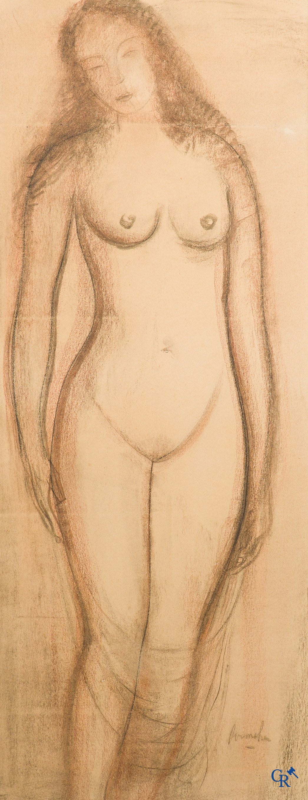 Constant Permeke (1886-1952) Standing naked. Charcoal on paper. Signed lower right.