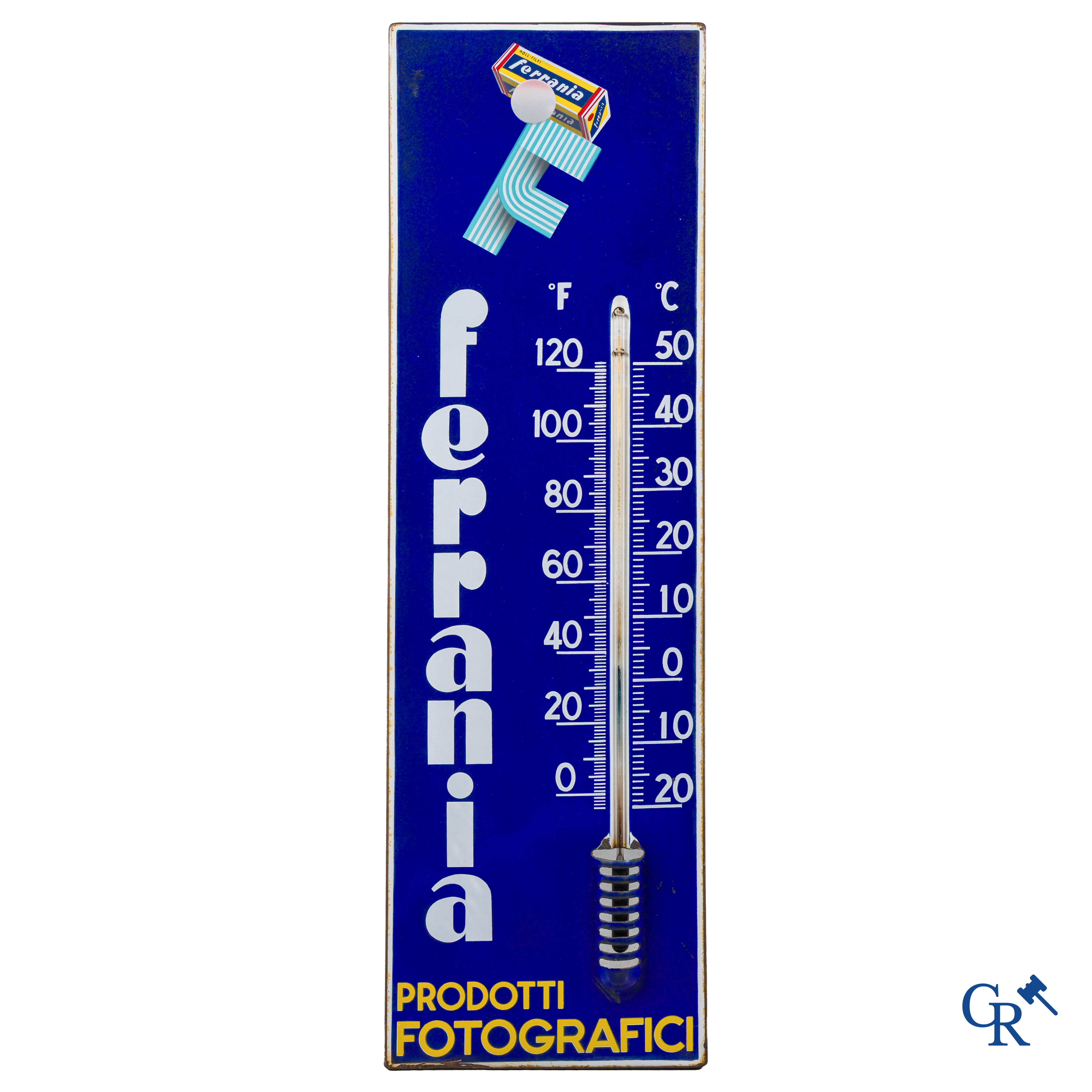 Ferrania. Groot emaille reclamebord met ingewerkte thermometer voor fotografische producten.