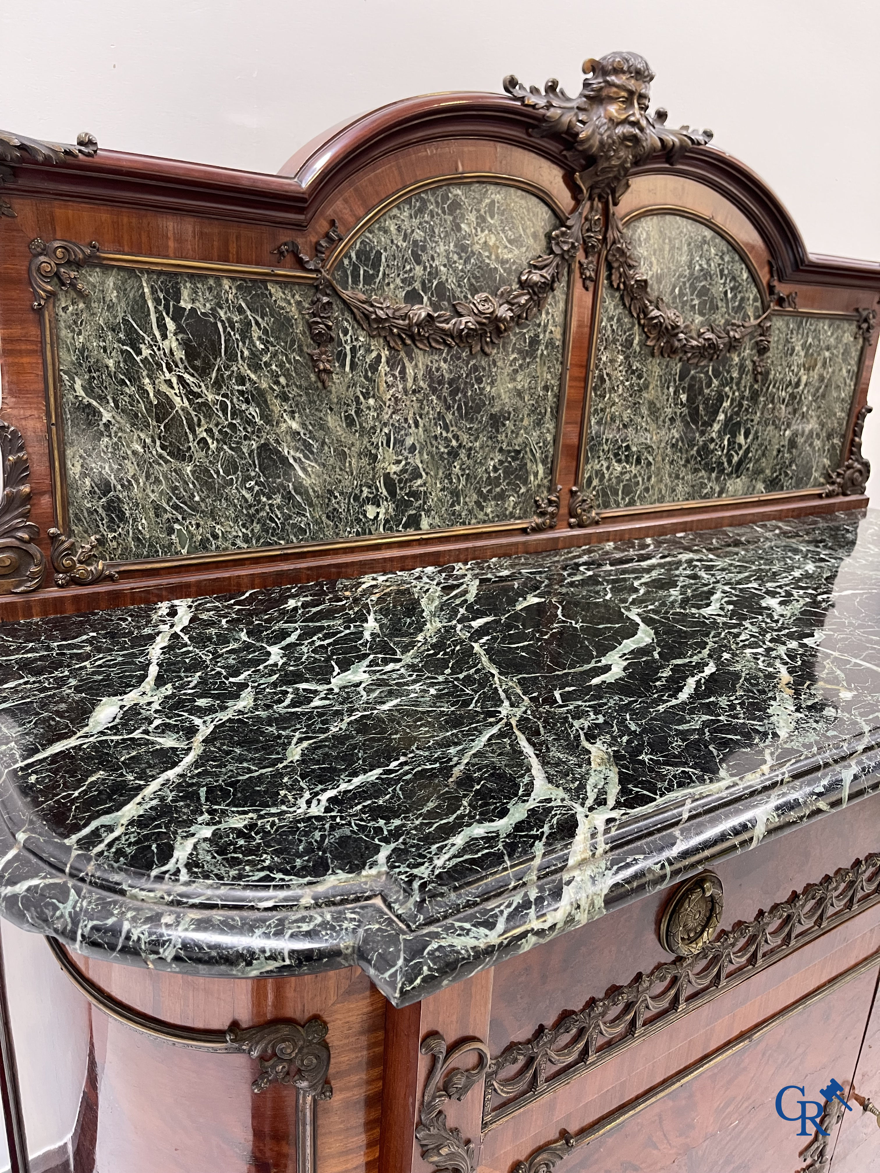 Exceptional dining room furniture in mahogany veneer, marble and bronze. Napoleon III style. Circa 1900.