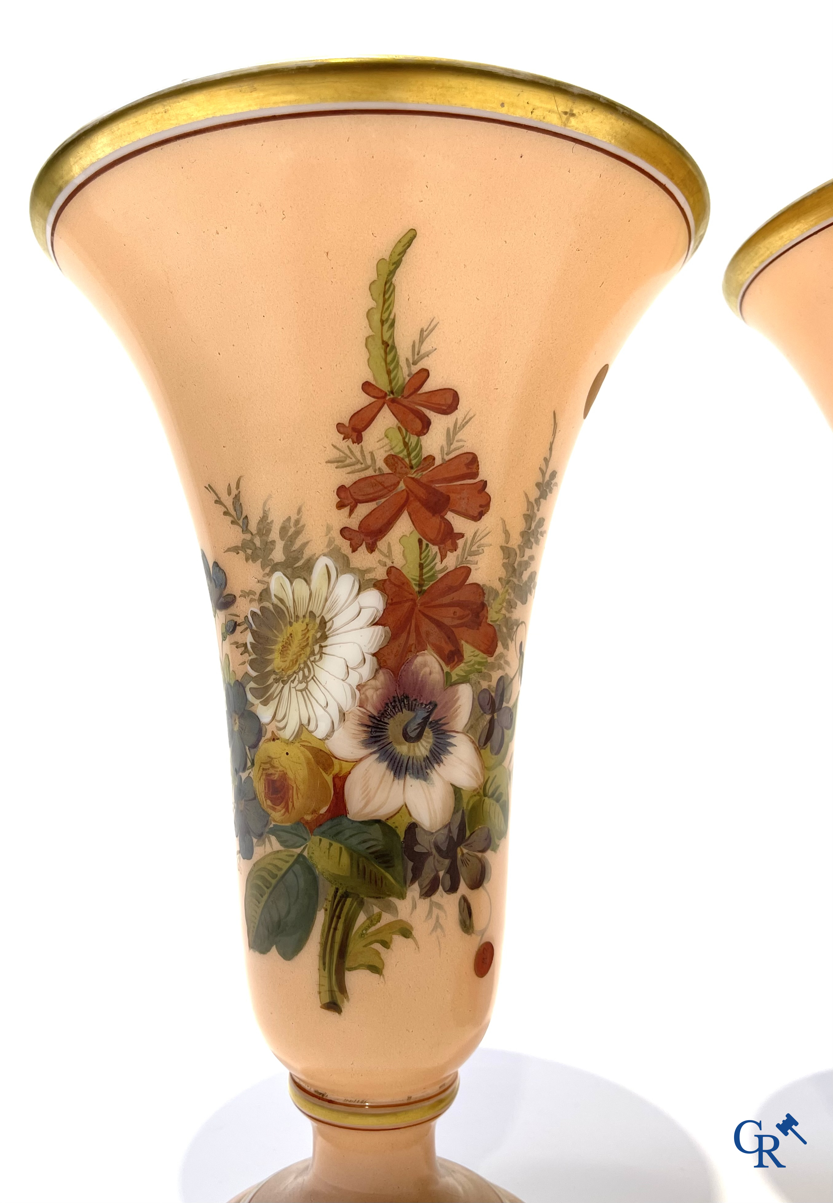 Napoleon III period. Pair of vases in opaline with floral decor. Circa 1880.