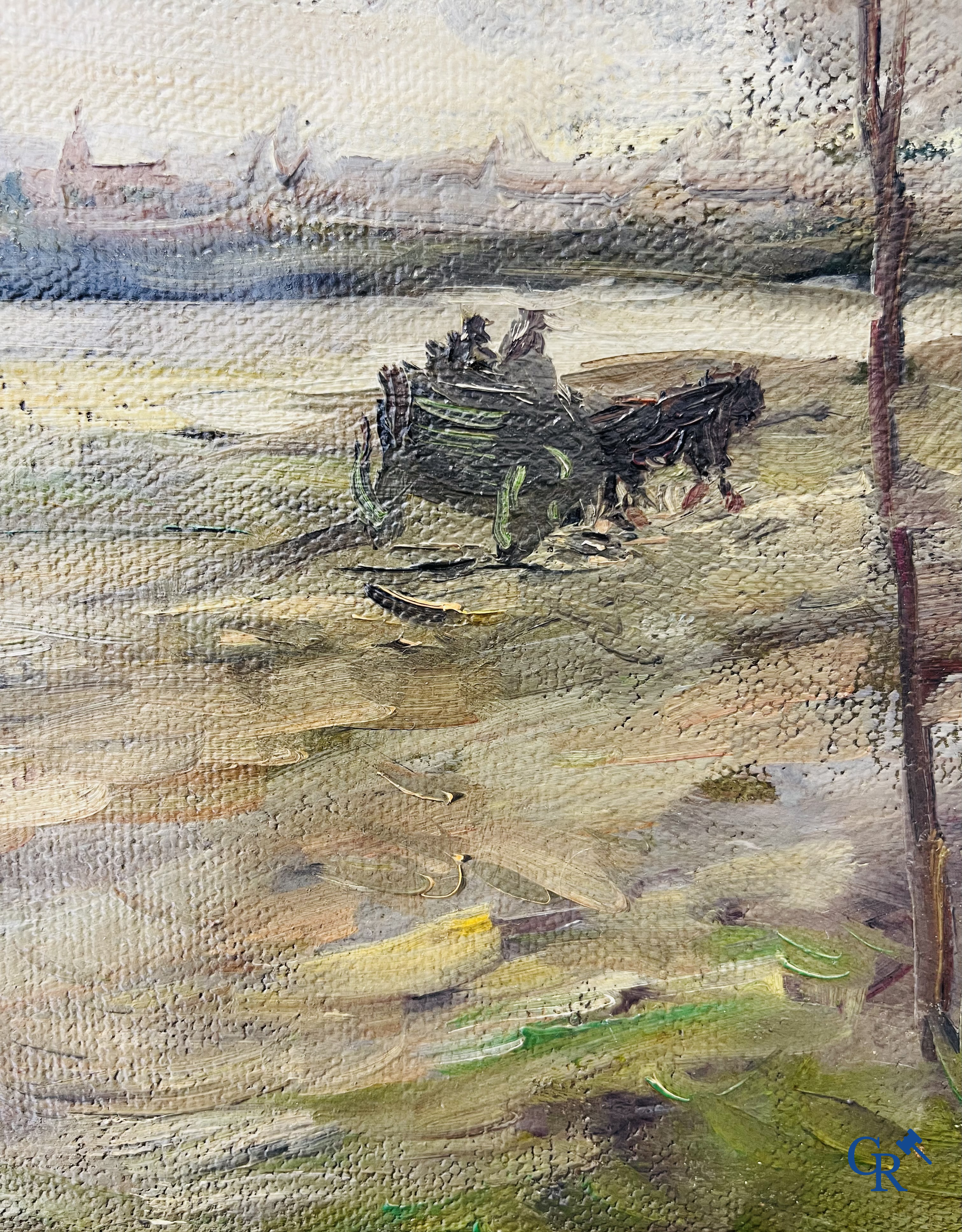 2 tableaux, Gustave Vidal (1895-1966) paysage avec carrosse et Paul Jean Clays (1819-1900) Marine. Huile sur toile.