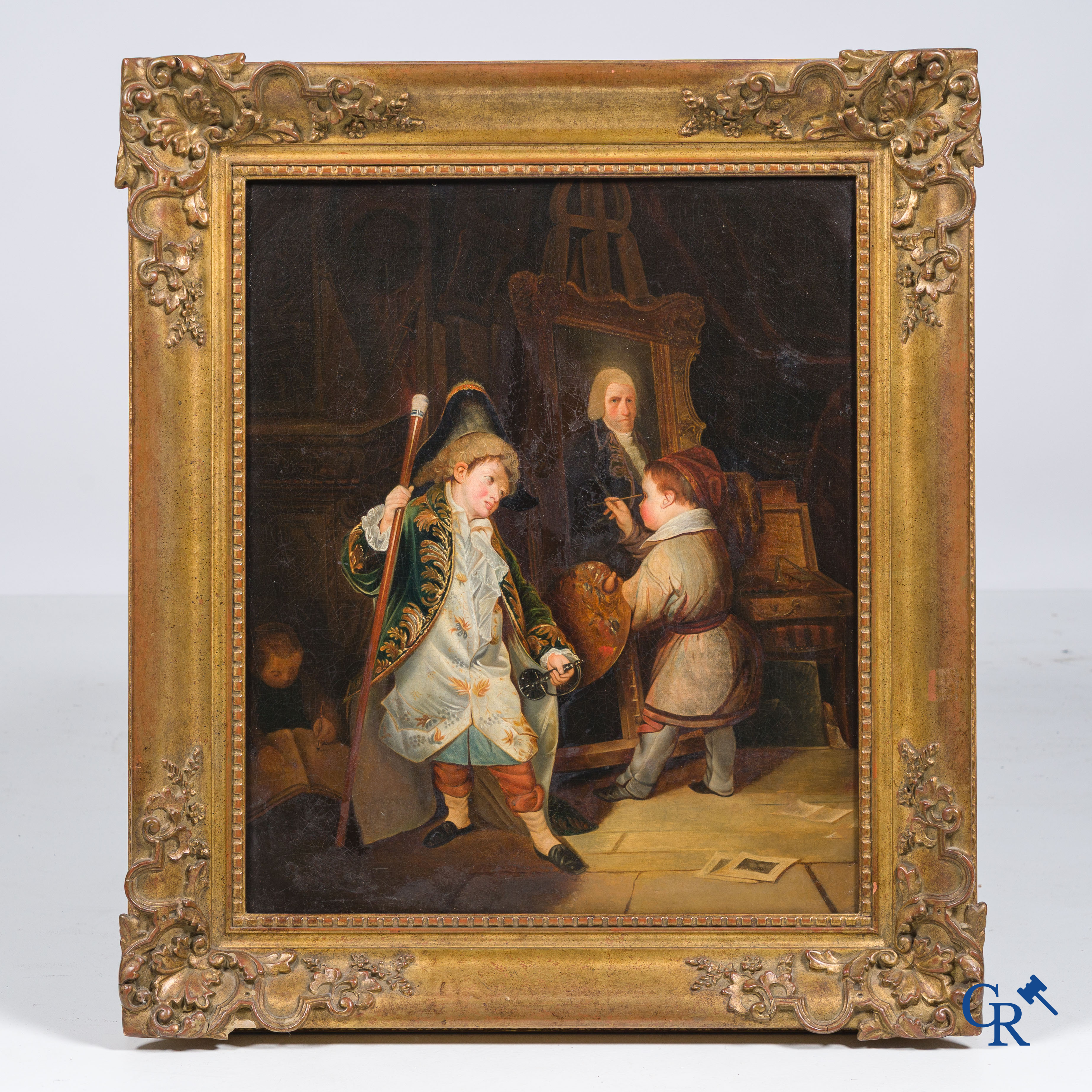 Schilderij, De portrettist, olie op doek. 19e eeuw.