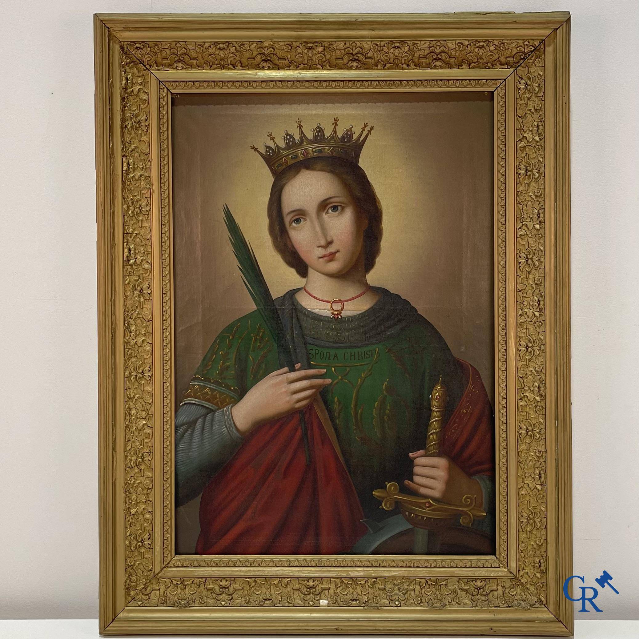 Beautiful painting of Catherine of Alexandria with sword and palm branch in neo Gothic style. Oil on canvas. 19th century.