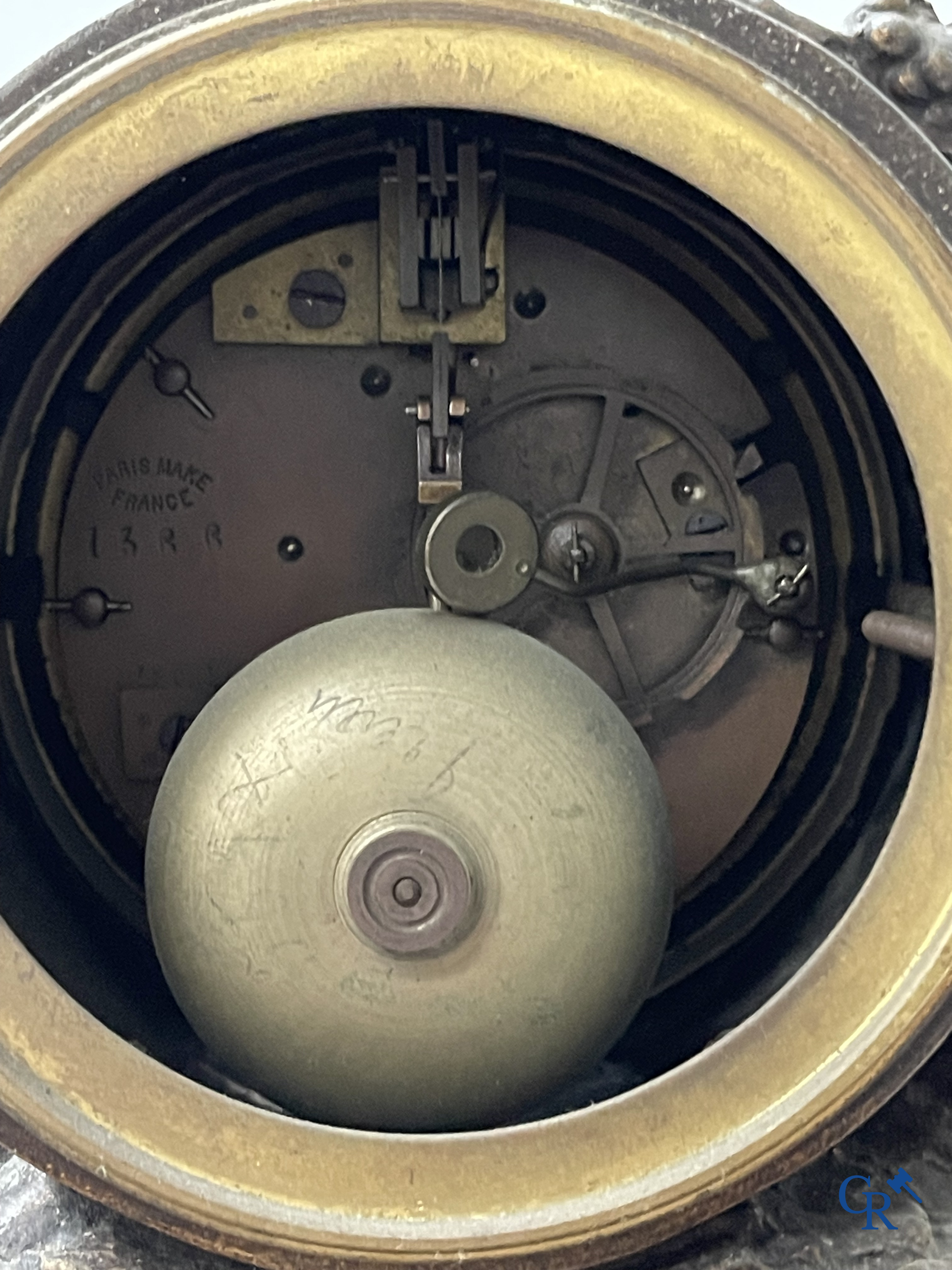 Louis & François Moreau (after). A large 3-piece fireplace set in spelter and marble. Circa 1910.