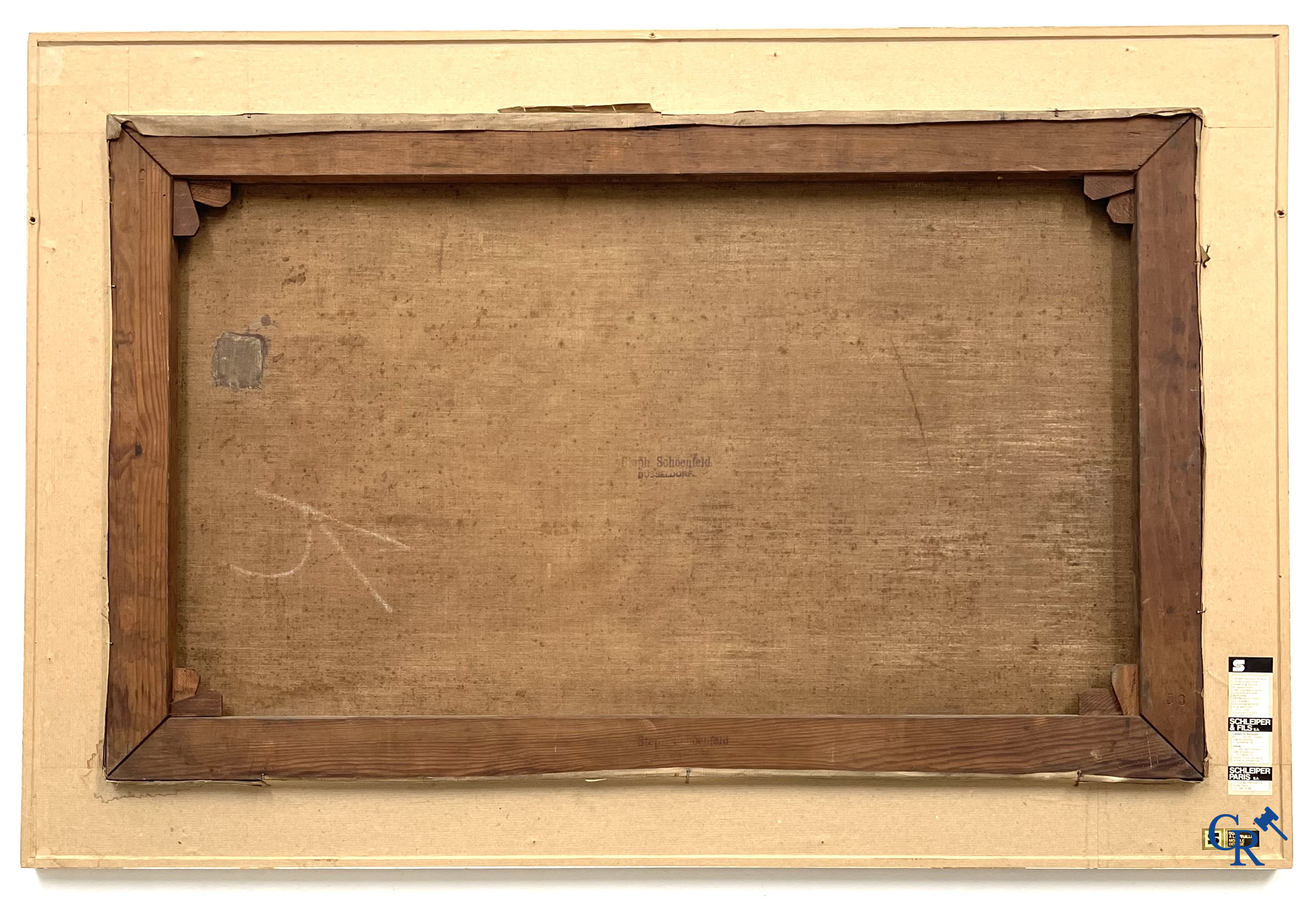 "The Duel" Oil on canvas. 2 sports cars racing side by side. Marked on the back Steph. Shoenfeld Düsseldorf. Circa 1925.