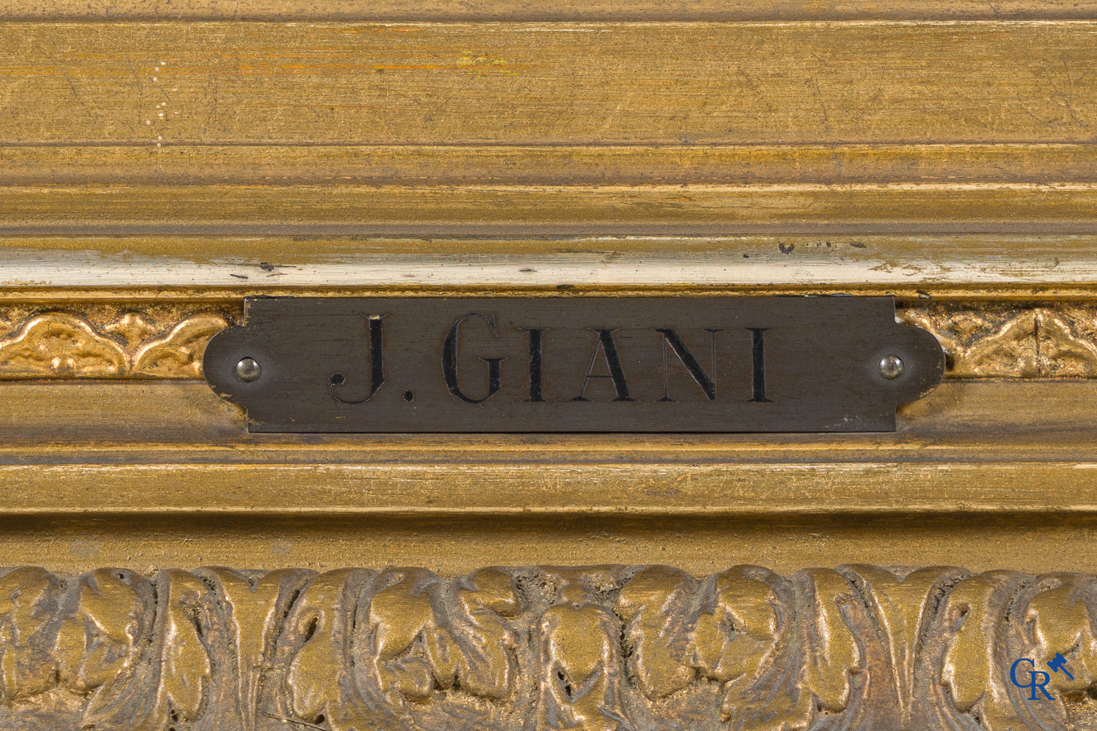 J. Giani, winter landscape with characters. Oil on canvas in a beautiful gilded frame. Signed lower left. Circa 1900.