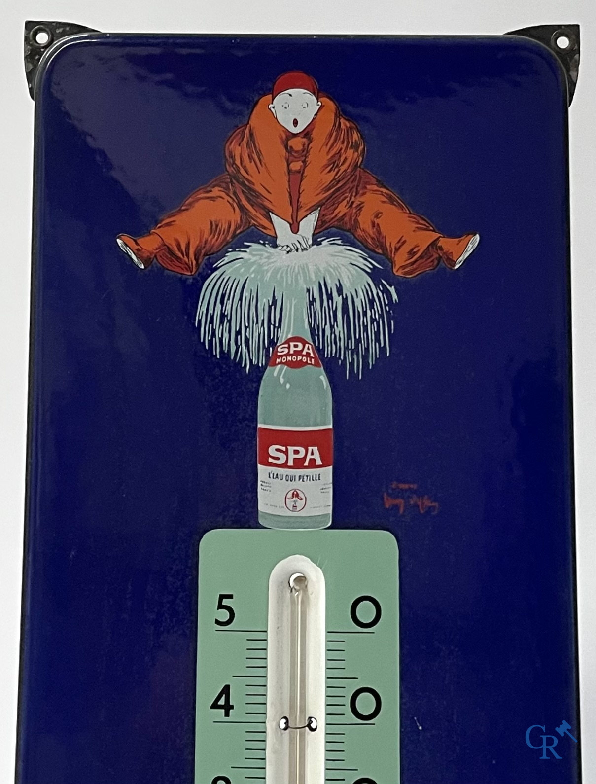 Spa, publicity thermometer in enamel with a representation of "Pierrot". Emaillerie Belge 1963.