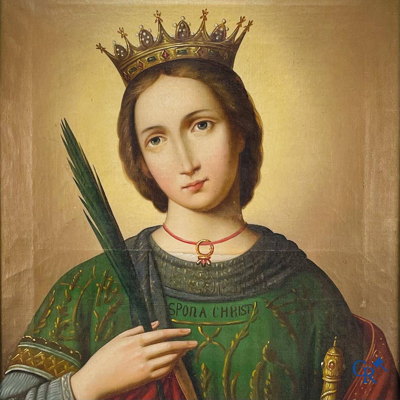 Beautiful painting of Catherine of Alexandria with sword and palm branch in neo Gothic style. Oil on canvas. 19th century.