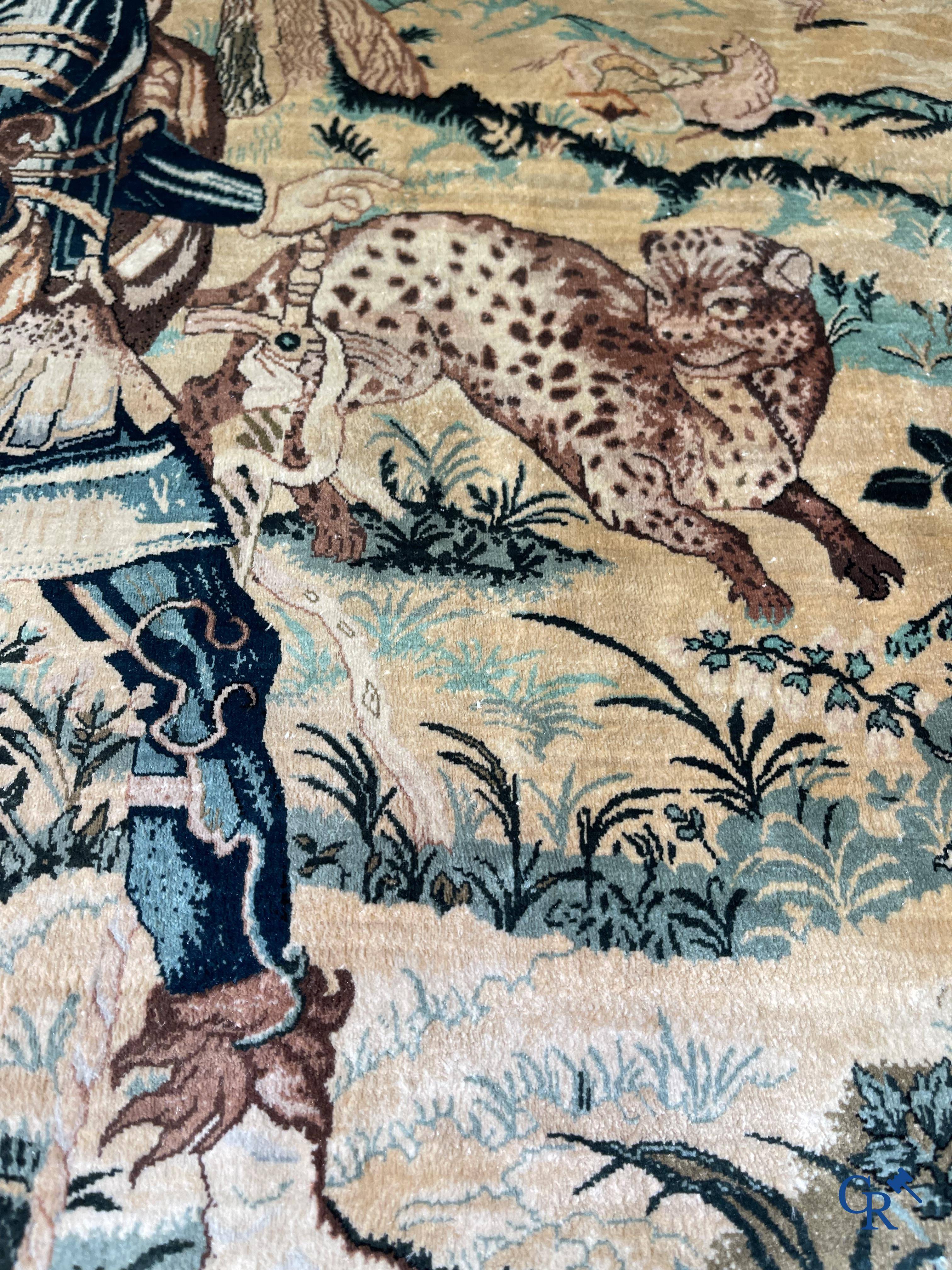 Oriental carpets, a finely knotted silk tapestry with Renaissance scenes. Signed.