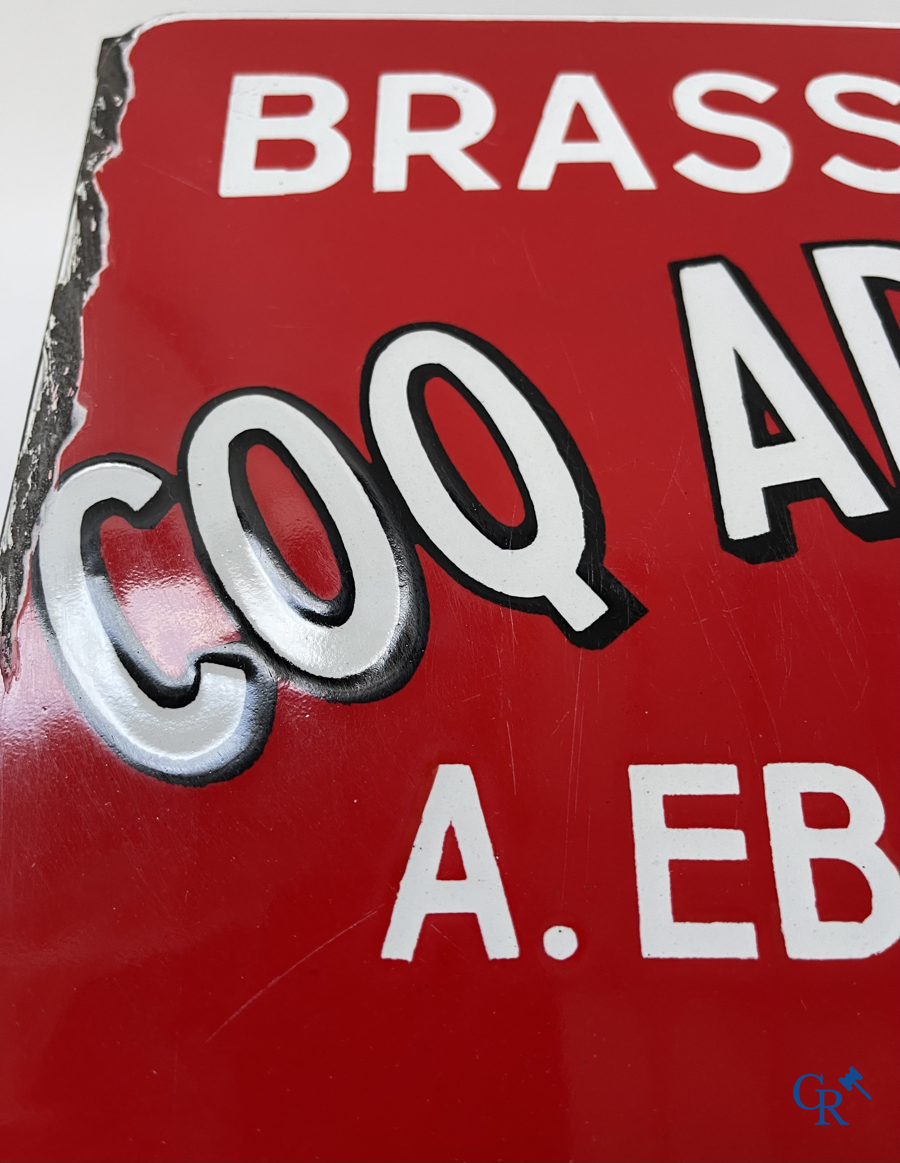 Brasserie du Coq Ardennais, Plaque émaillée publicitaire pour bières, sodas et limonades de la brasserie Ebling à Vireux.