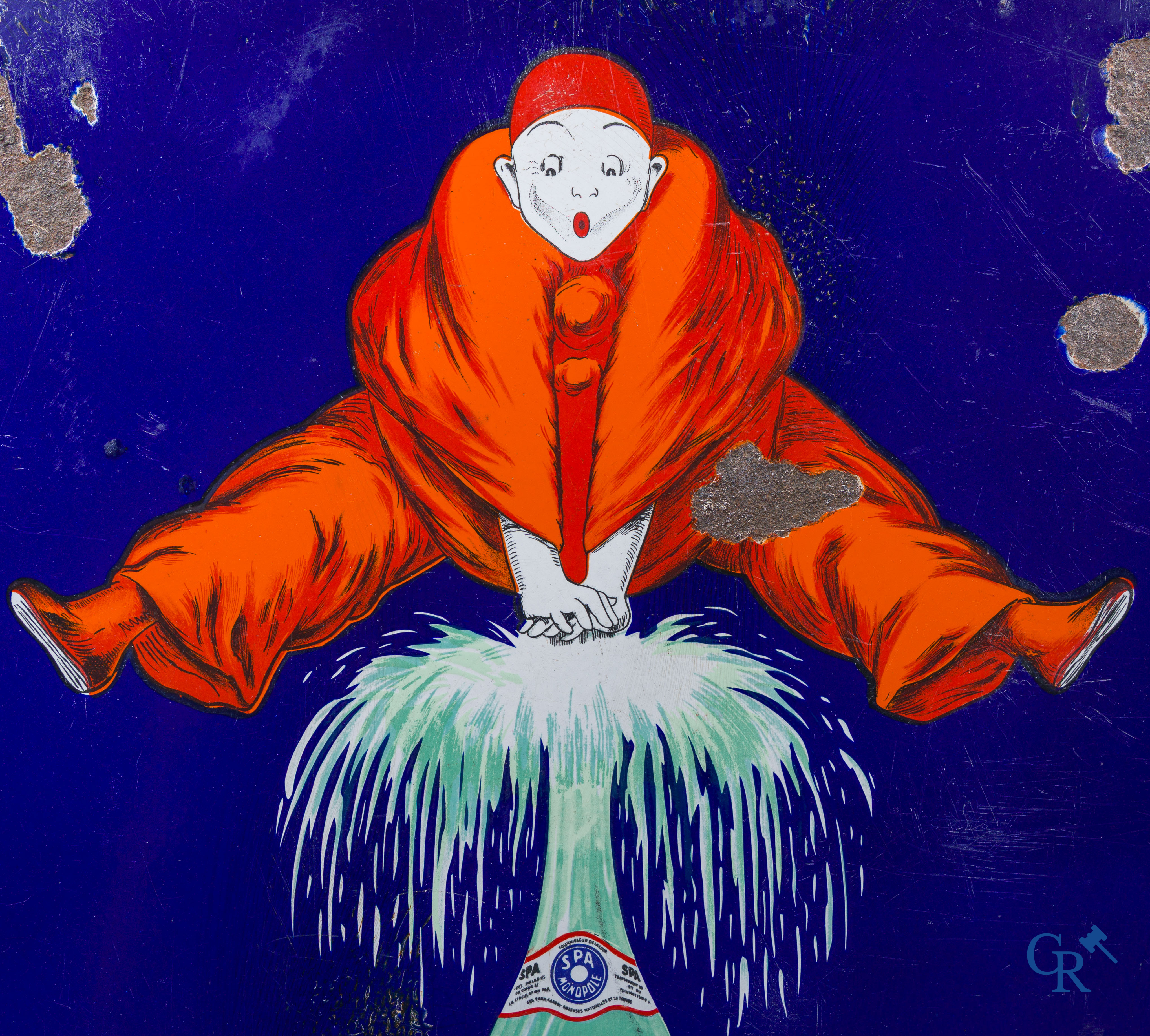 Spa, large enamel advertising sign with "Pierrot" after a design by Jean d'Ylen.