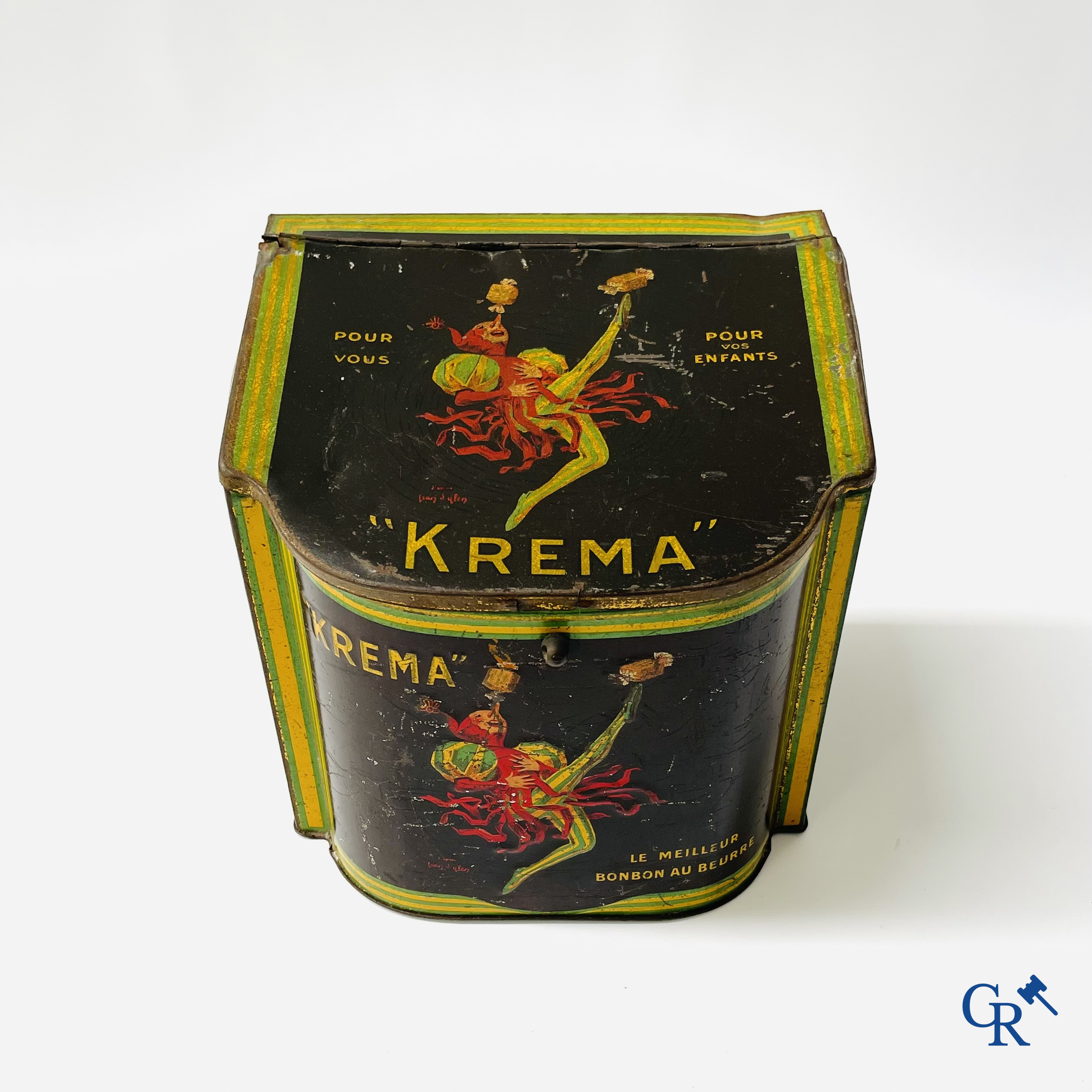 "Krema", Le meilleur bonbon au beurre. Blikdoos met een illustratie van Jean D'Ylen. G. De Andreis & Cie Marseille.