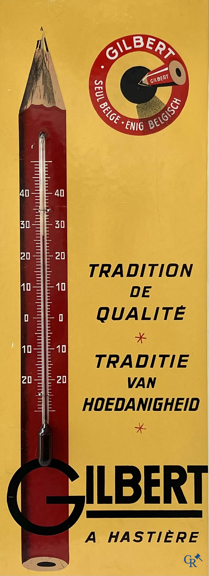 Enamel advertising sign, Publicity thermometer for pencil manufacturer Gilbert à Hastière (Namur) Foremail 1953.