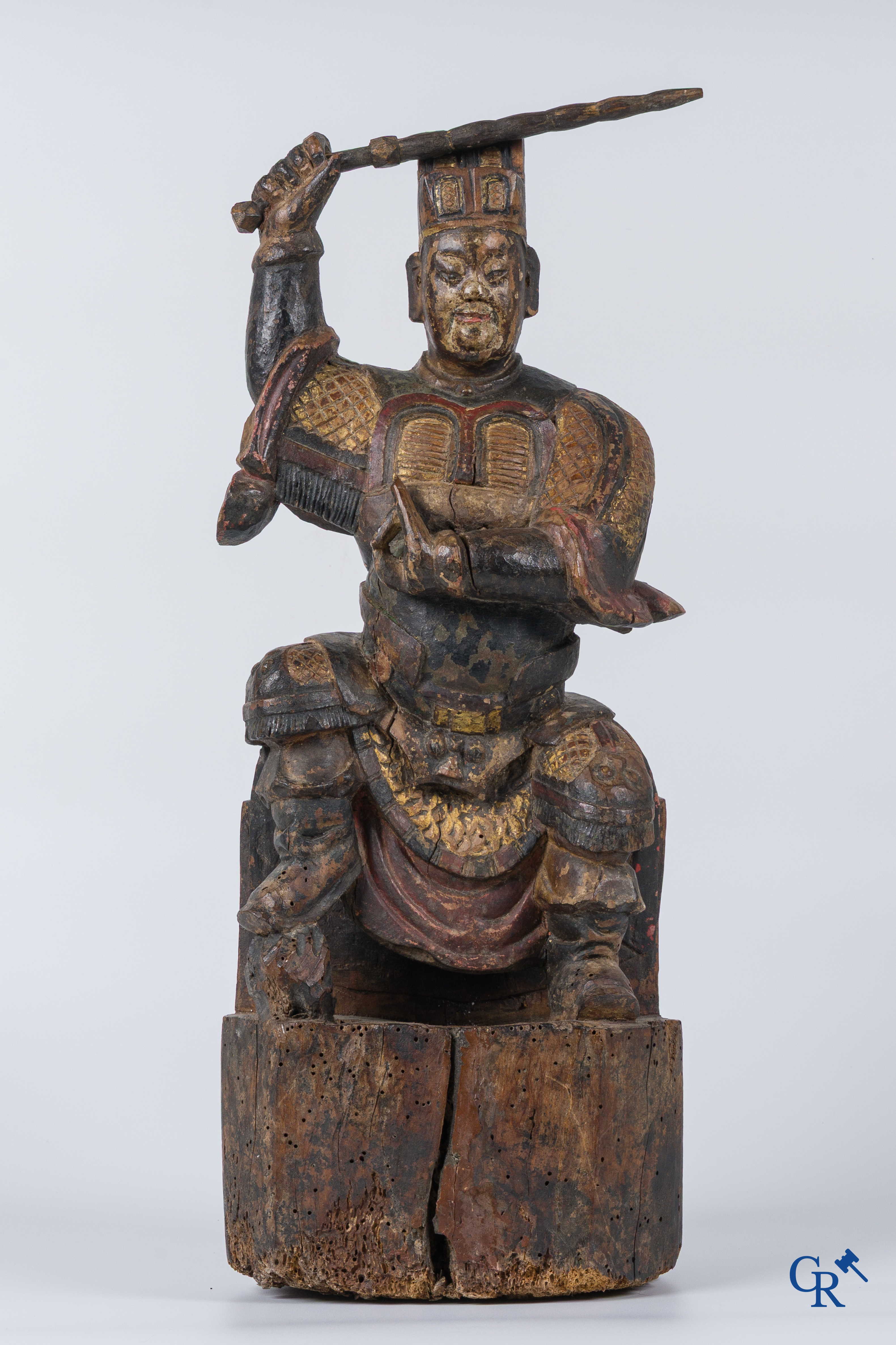 Asian Art, A Chinese antique wood sculpted and polychrome representation of a warrior.