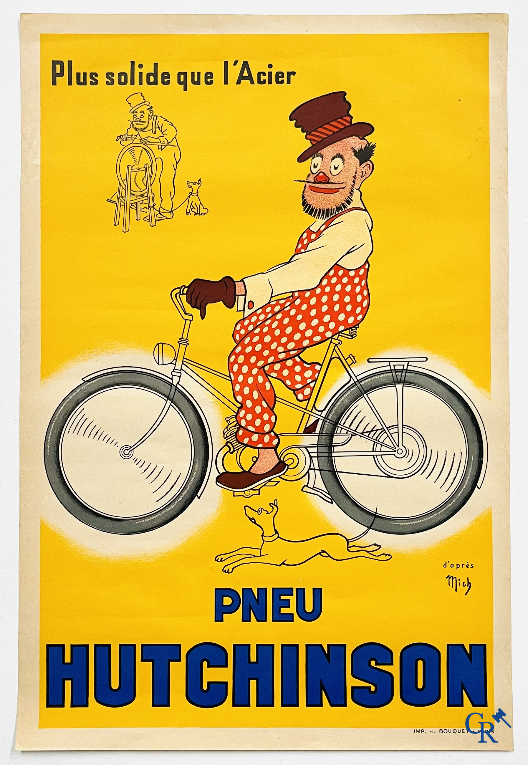 Pneu Hutchinson, Plus solide que l'Acier. Lithographie op papier met een ontwerp van Mich. Imp. H. Bouquet - Paris.