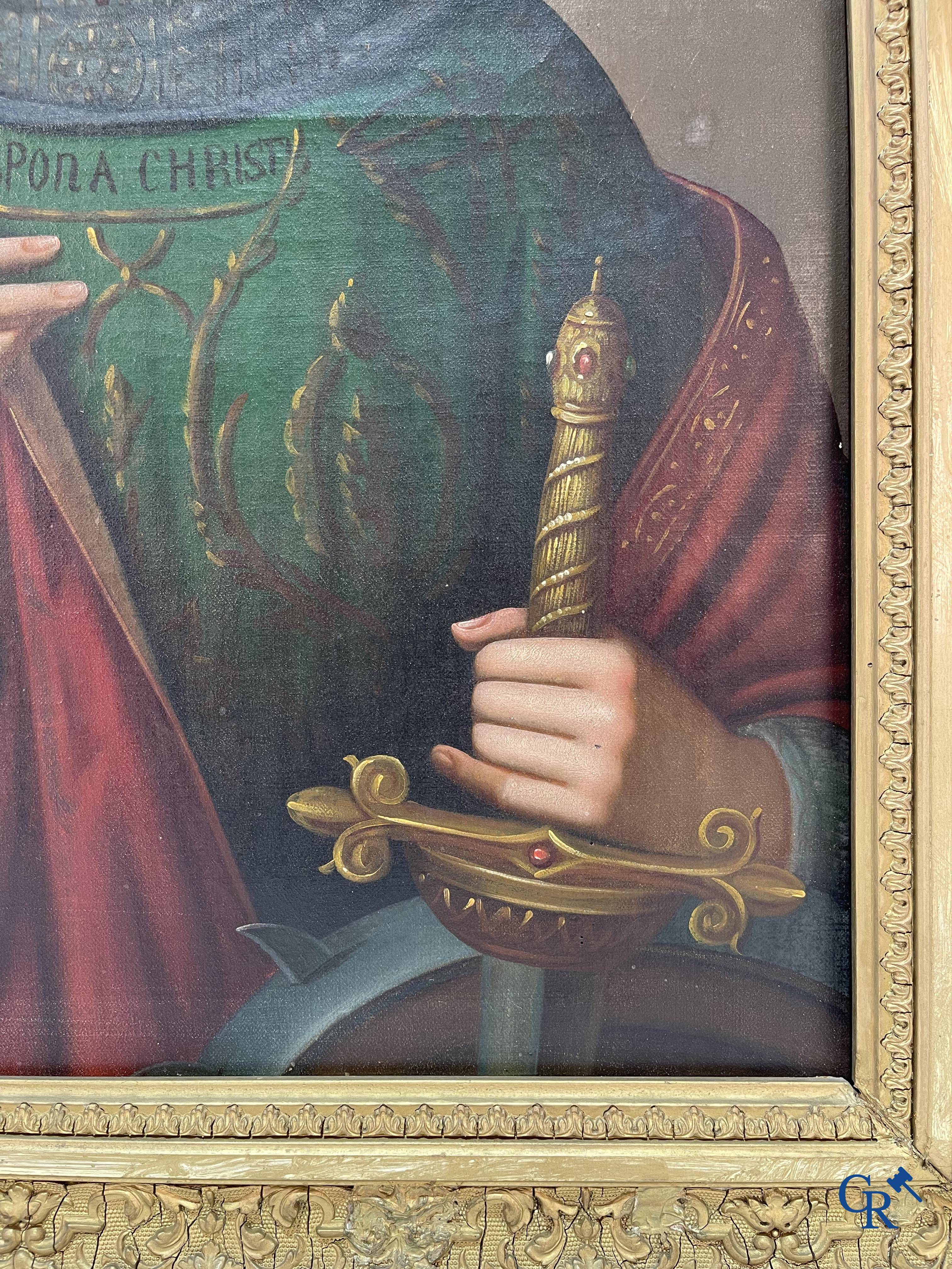 Beautiful painting of Catherine of Alexandria with sword and palm branch in neo Gothic style. Oil on canvas. 19th century.