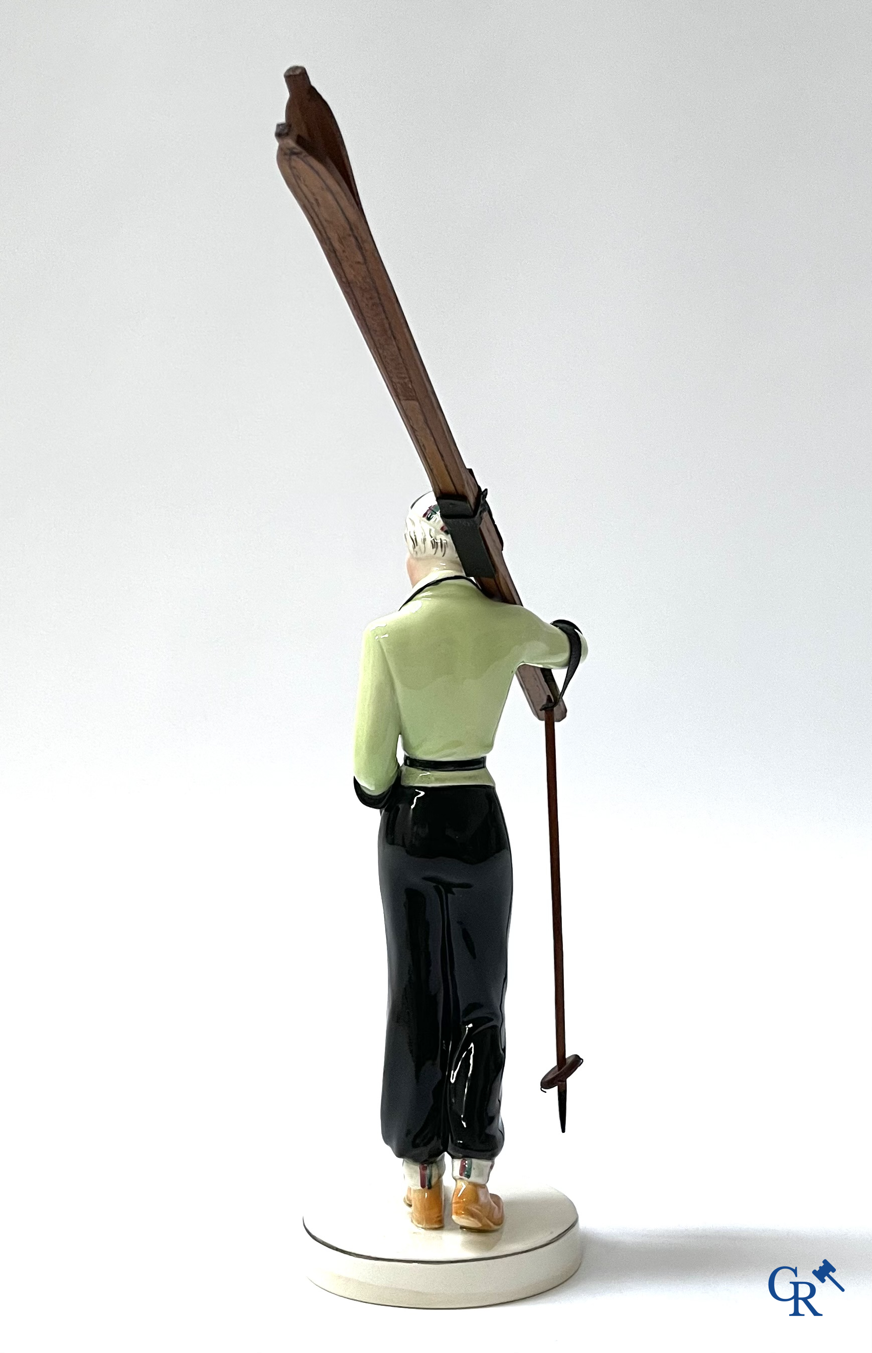 Hertwig en Company, Katzhütte, Thuringia. A skier in fine polychrome and glazed pottery. Circa 1930.