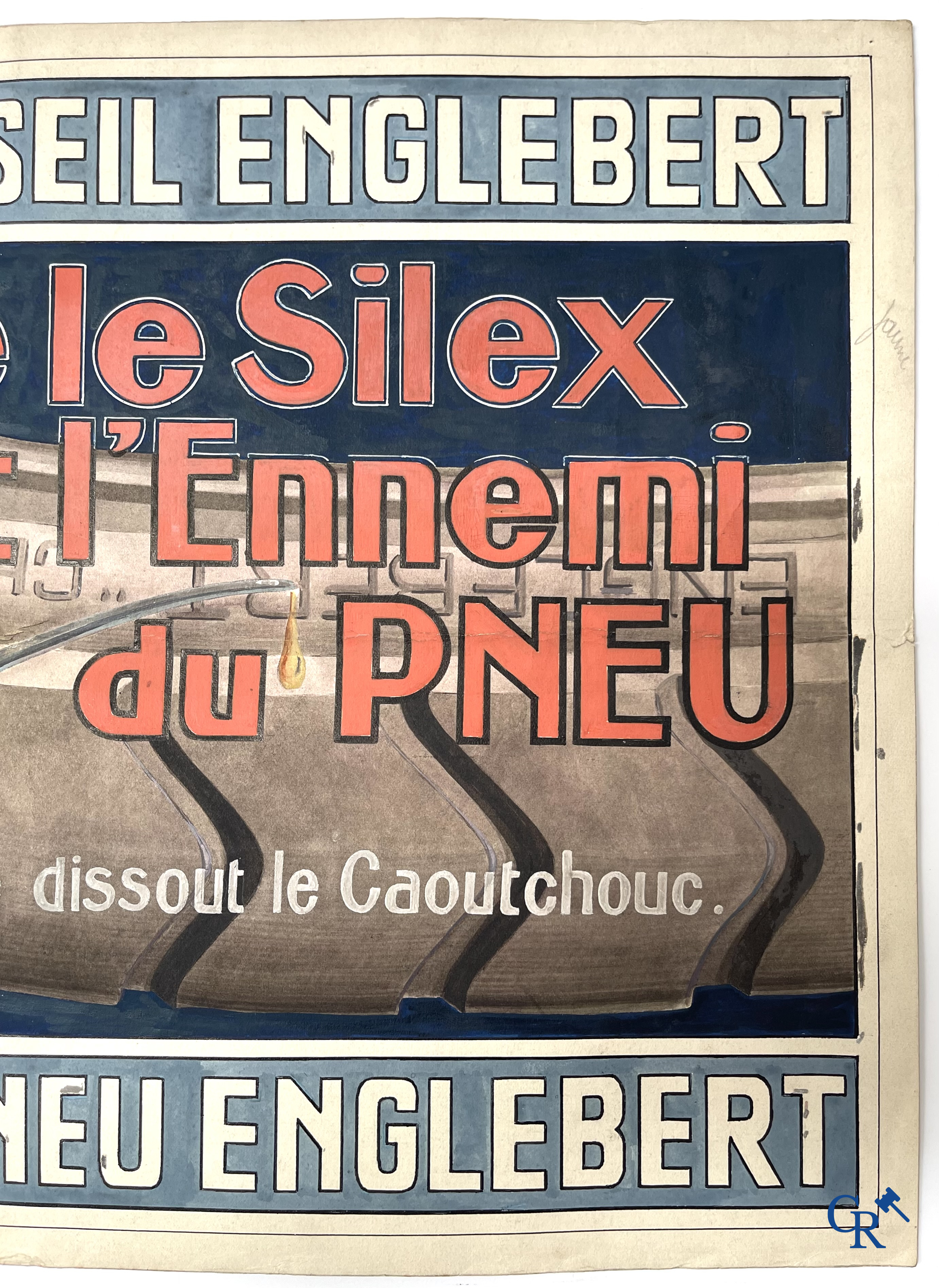René Boby, een paar voorstelmodellen in gouache voor raadsborden van de Englebert bandenfabriek te Luik. Circa 1930.
