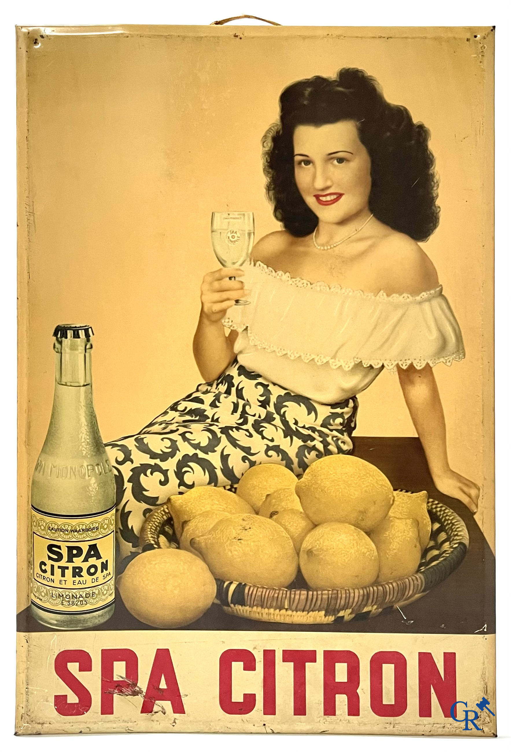 Spa, a publicity printed on metal for Spa Citron and a lithograph on cardboard for Spa Orangina. 1950's.