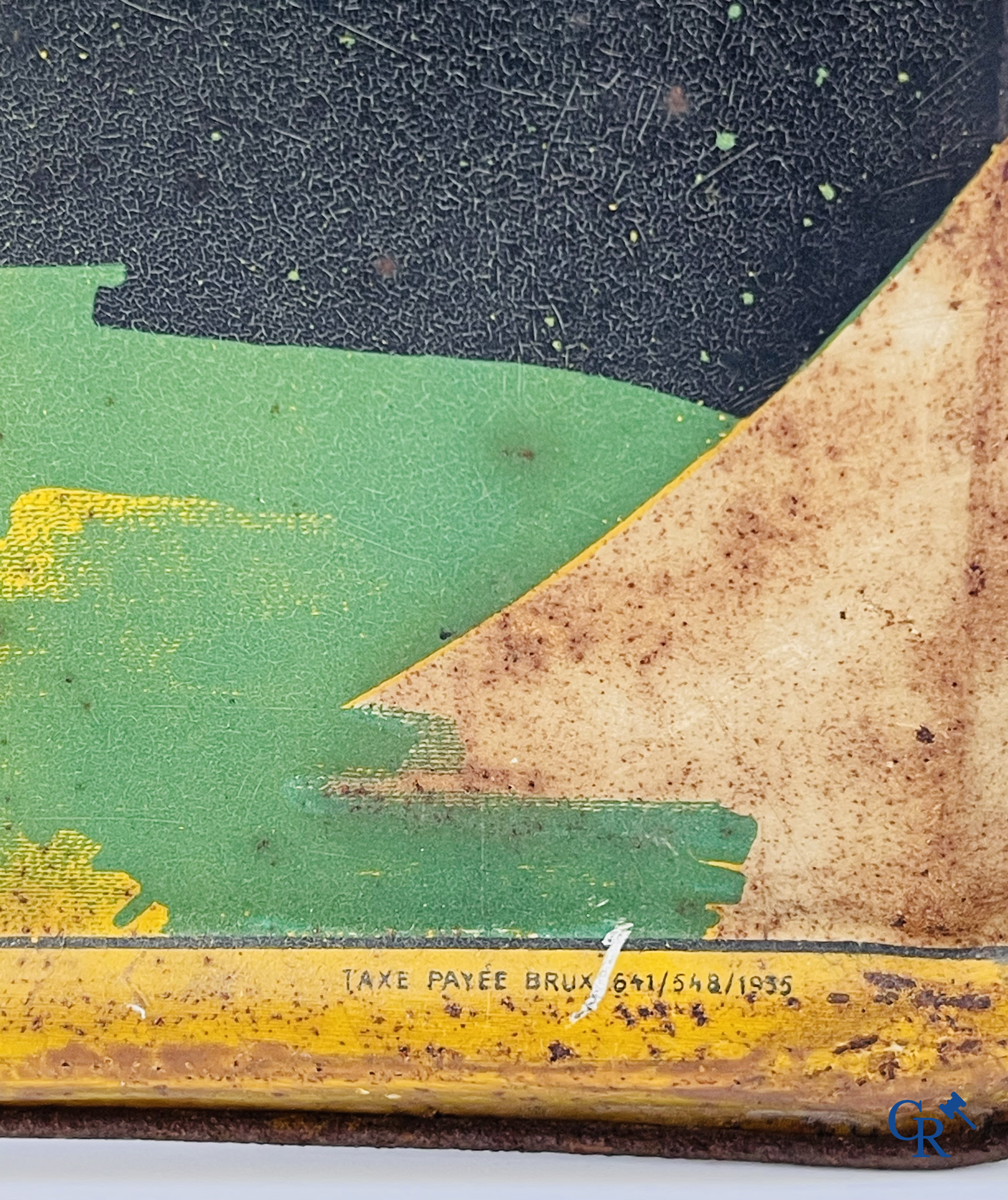 Voeders Hostens. Reclamebord in beschilderd blik voor kippenvoer van voederbedrijf Hostens te Roeselare. 1935.