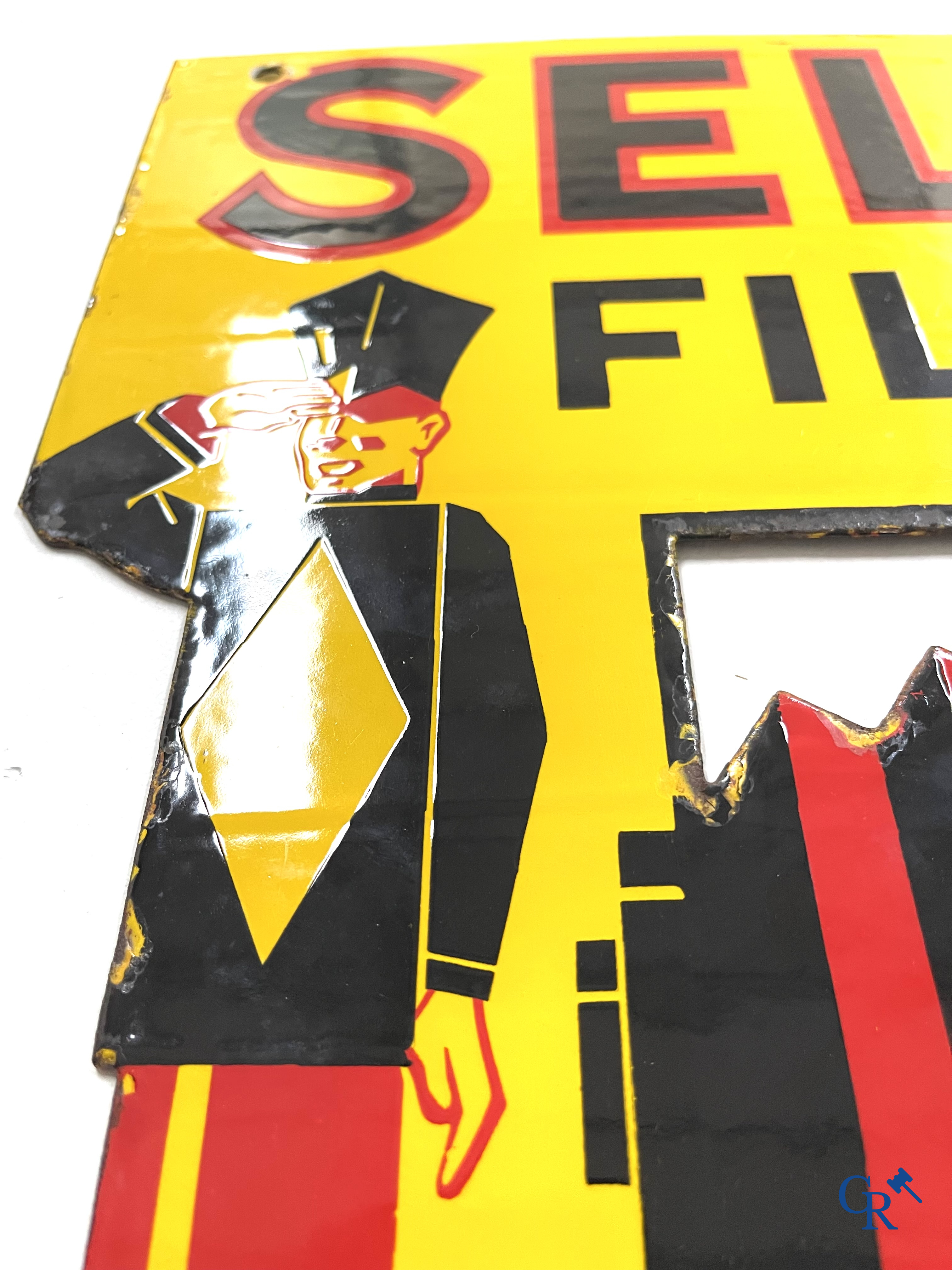 Selo Film, dubbelzijdig geëmailleerd publiciteitsbord voor filmrollen Selochrome. Fabrique en Angleterre. Jaren '30.