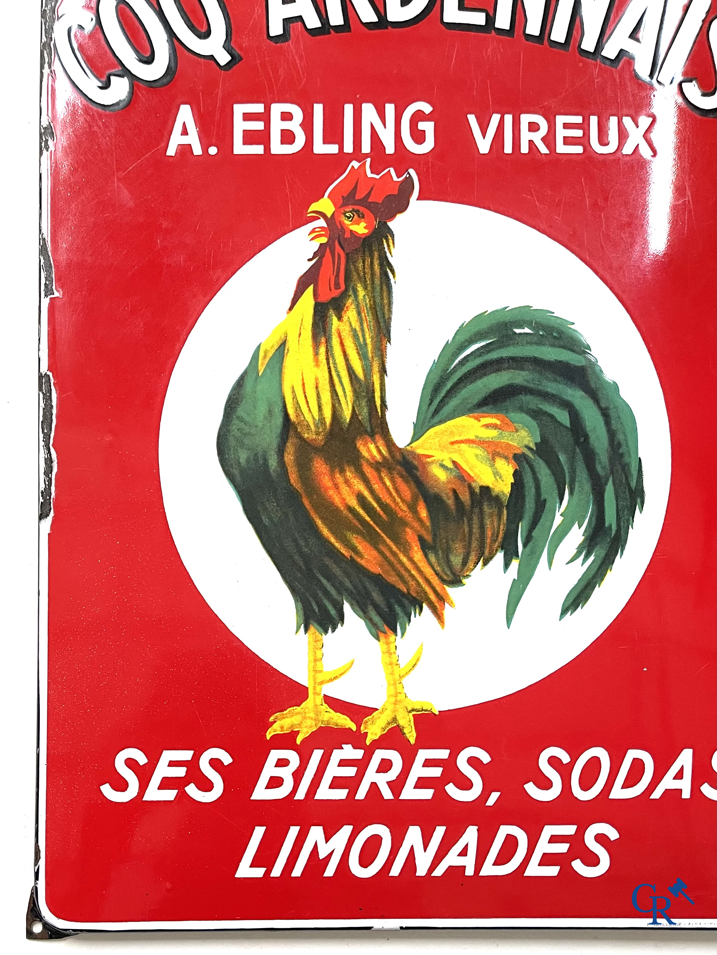 Brasserie du Coq Ardennais, Plaque émaillée publicitaire pour bières, sodas et limonades de la brasserie Ebling à Vireux.