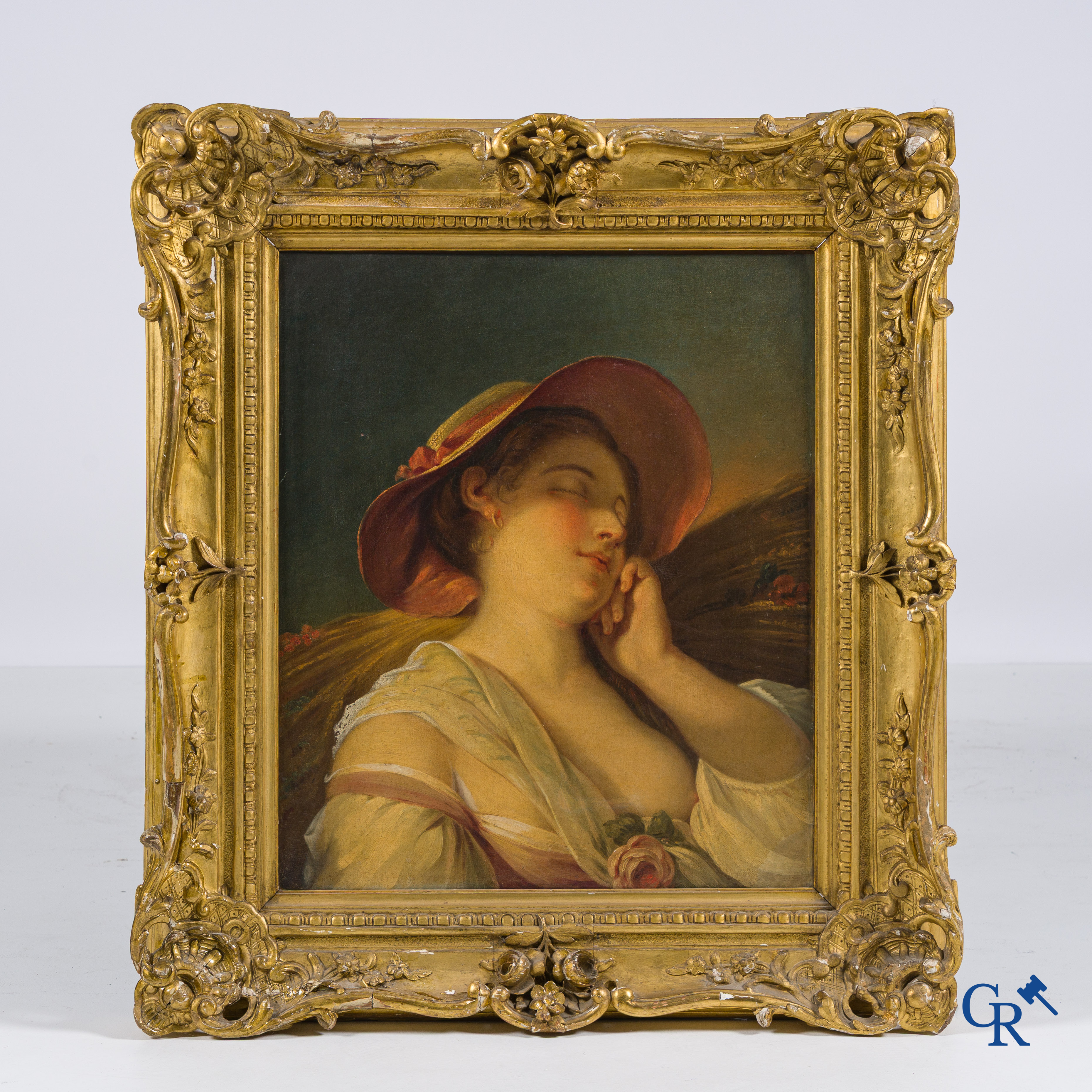 Schilderij, Franse school, portret van een rustende dame met hoed. Olie op doek. 19e eeuw.