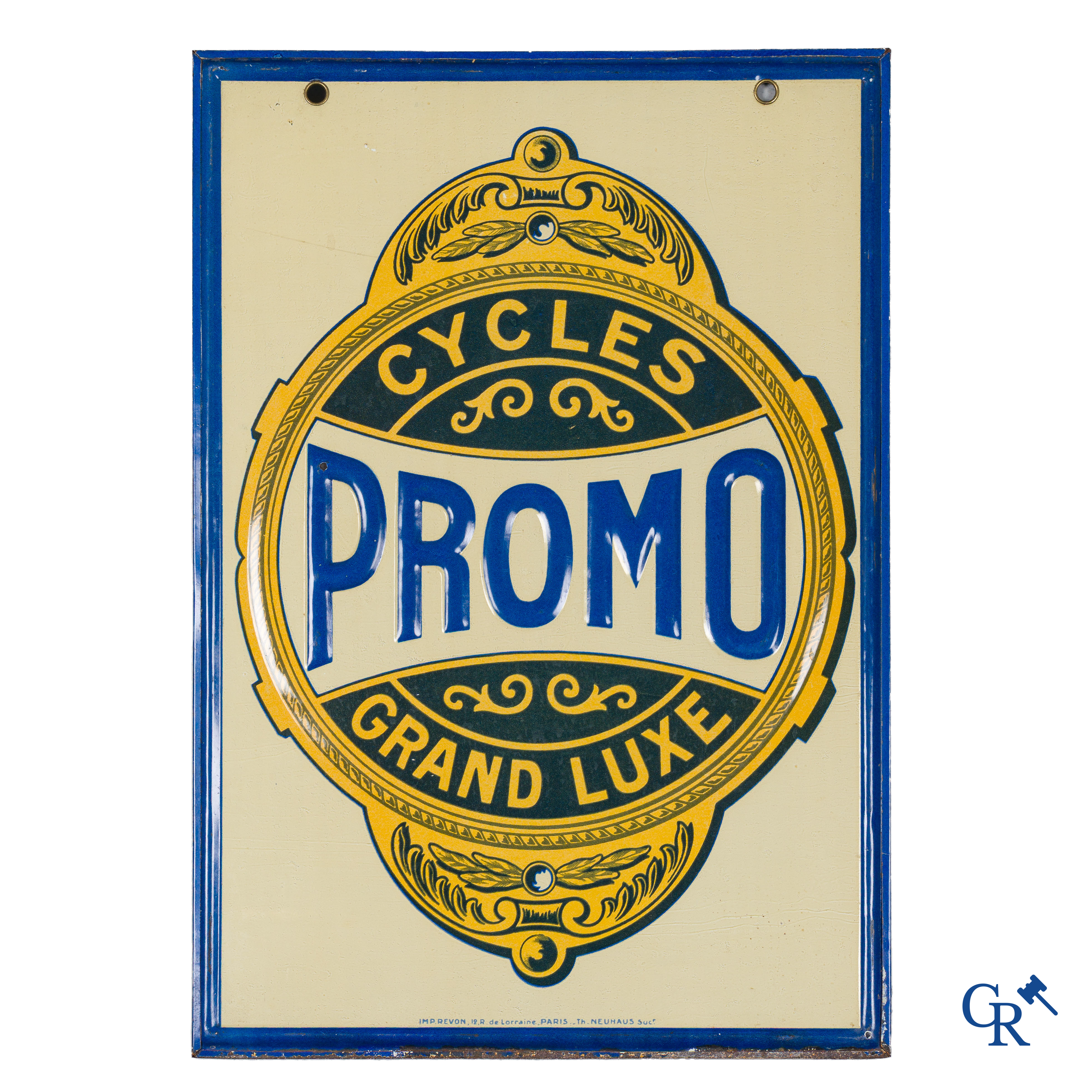 Cycles Promo, enseigne publicitaire double face pour les vélos de luxe Promo. Tôle peinte. Imp. Revon Paris.