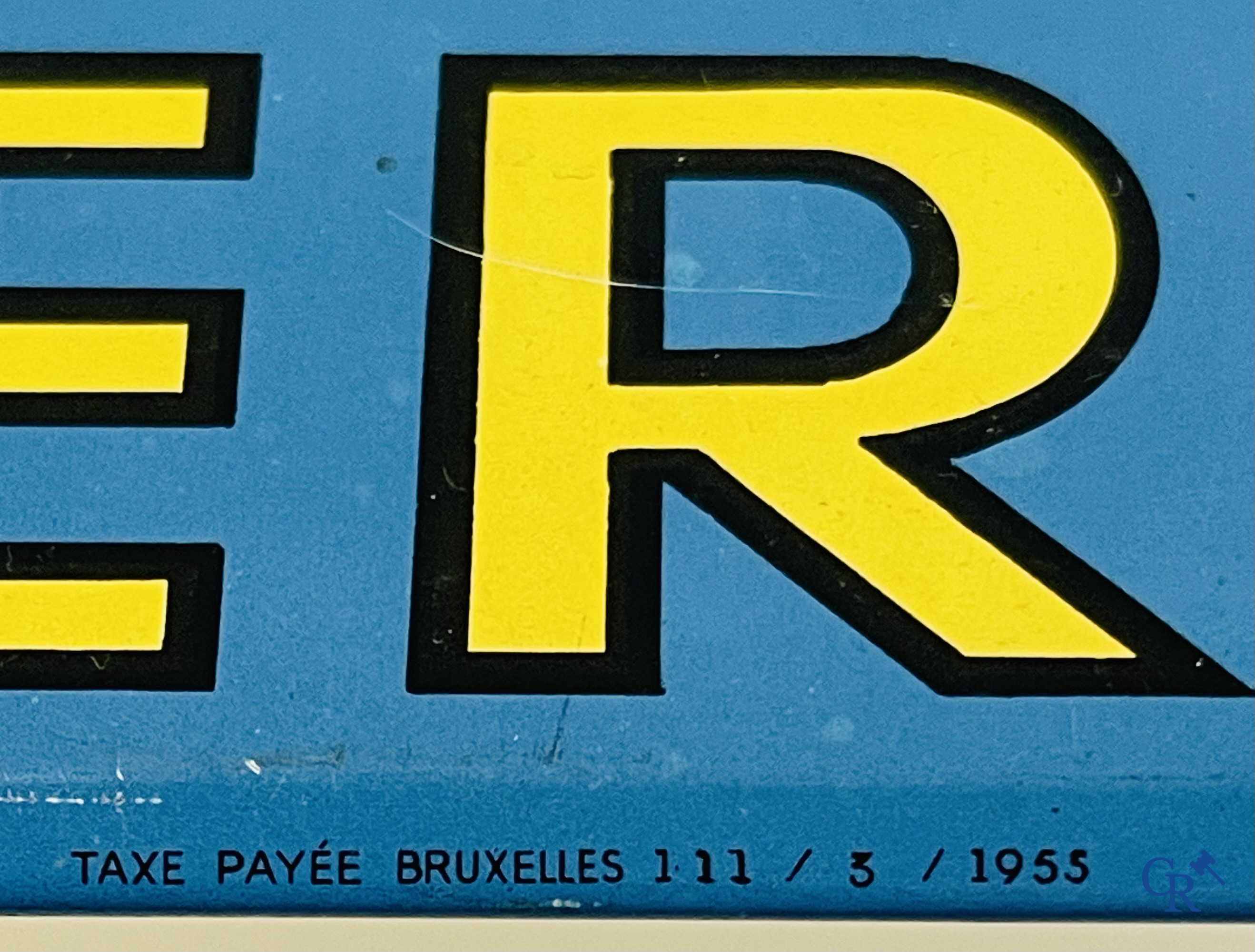 Helder, Advertising sign in printed metal for Lamot spray water. Taxe payée Bruxelles 111/5/1955.